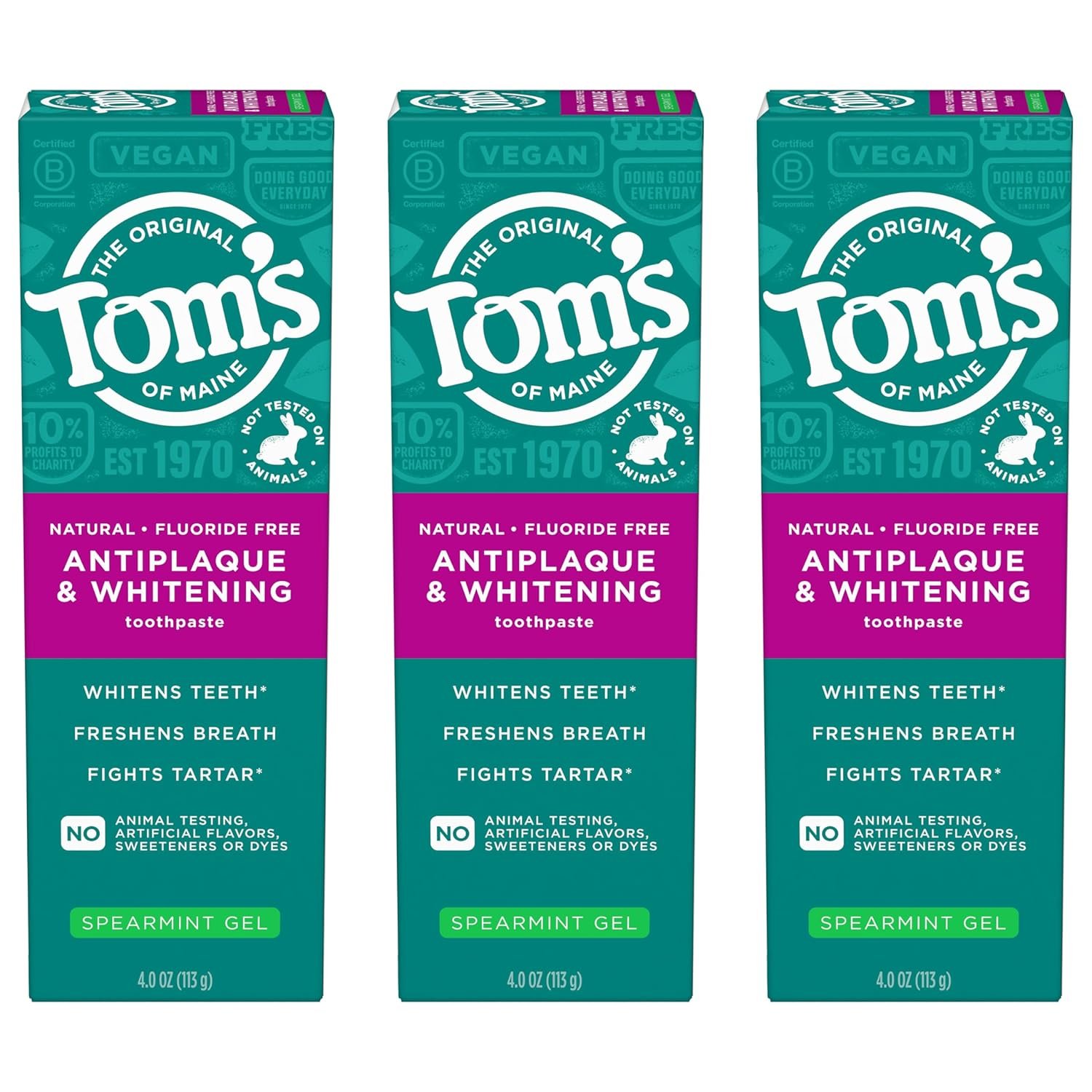 Tom’s of Maine Antiplaque and Whitening Fluoride Free Natural Toothpaste Gel, Vegan, Spearmint, 4 Ounces (3 Pack)