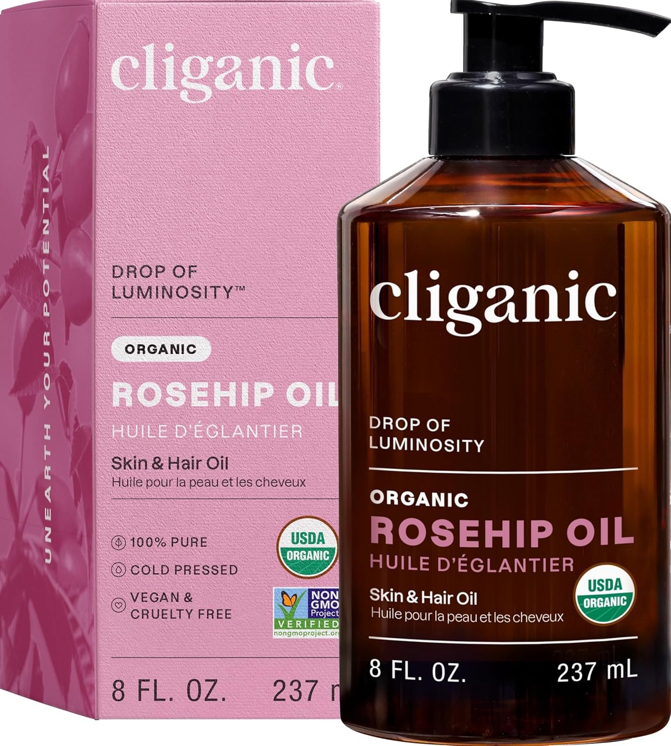 Cliganic Organic Rosehip Seed Oil for Face, 100% Pure | Natural Cold Pressed Unrefined Non-GMO | Carrier Oil for Skin, Hair & Nails (Packaging May Vary)