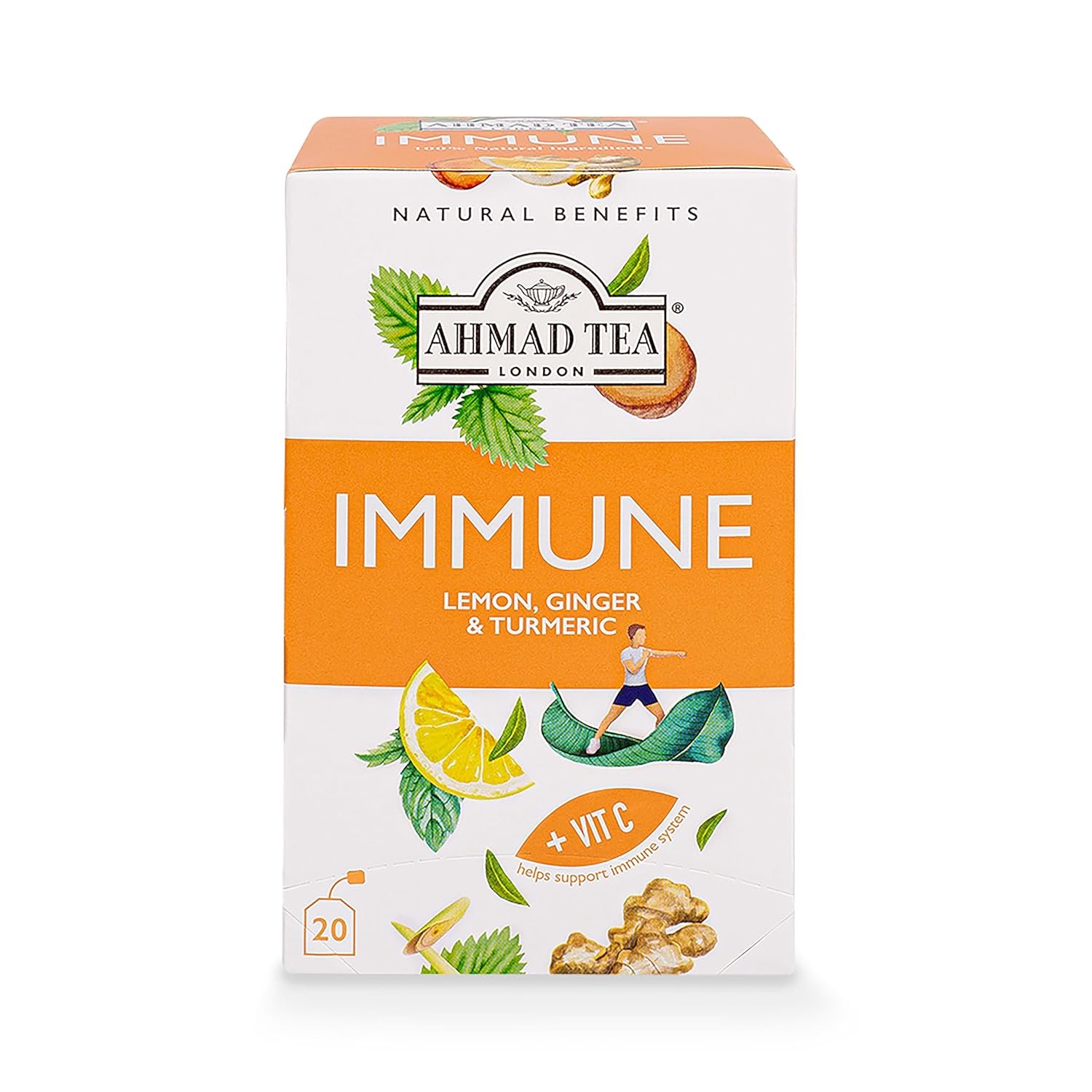Ahmad Tea Herbal Tea, Lemon, Ginger, Turmeric, & Vitamin C ‘Immune’ Natural Benefits Teabags, 20 ct (Pack of 1) – Decaffeinated & Sugar-Free