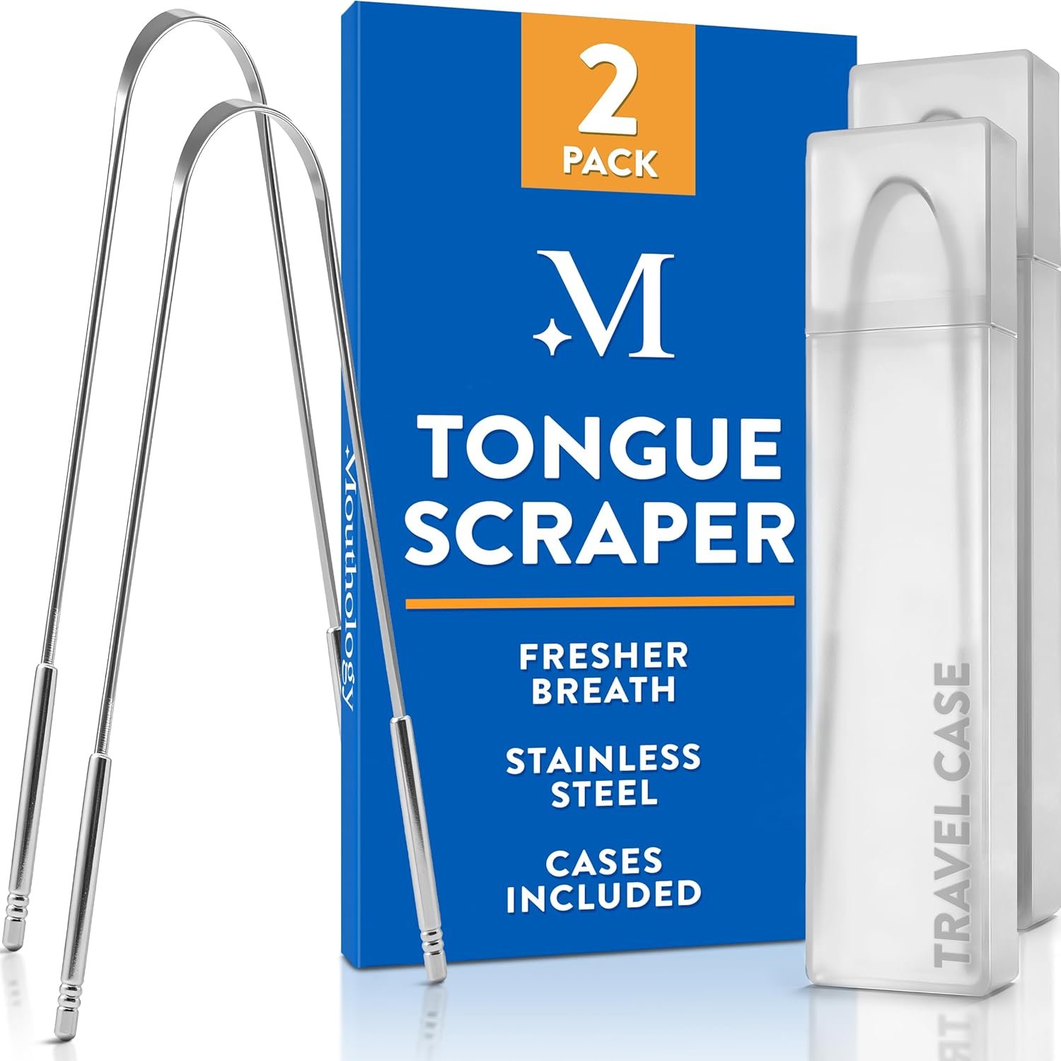 Mouthology Tongue Scraper (2 Pack), Reduce Bad Breath (Travel Cases Included), Stainless Steel Tongue Cleaners, Metal Tongue Scraper, Tongue Scraper for Adults – Fresher Breath in Seconds