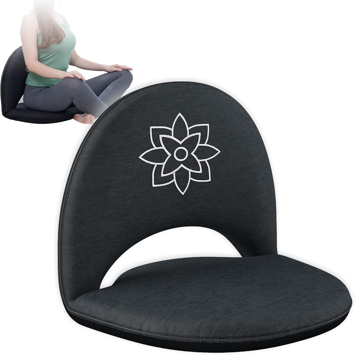 Mindful Modern Meditation Chair | Adjustable Floor Chair with Back Support | Padded Floor Seat for Posture Support and Comfort | Portable Folds Flat for Storage | Indoor/Outdoor Use | Stone Black