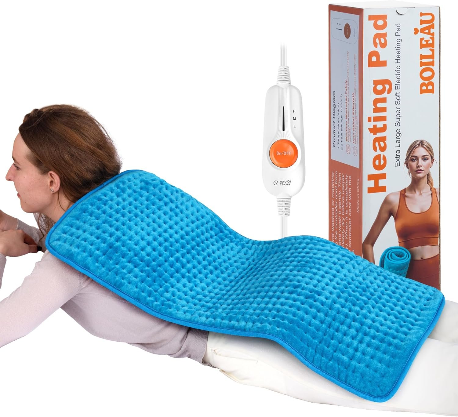Boileau Electric Heating Pad for Back Pain and Period Cramps Relief, 17″x33″ Extra Large XXXL, 3 Heating Levels Heat Pad with 2-Hour Auto Shut Off, Gifts for Women and Mom, Blue