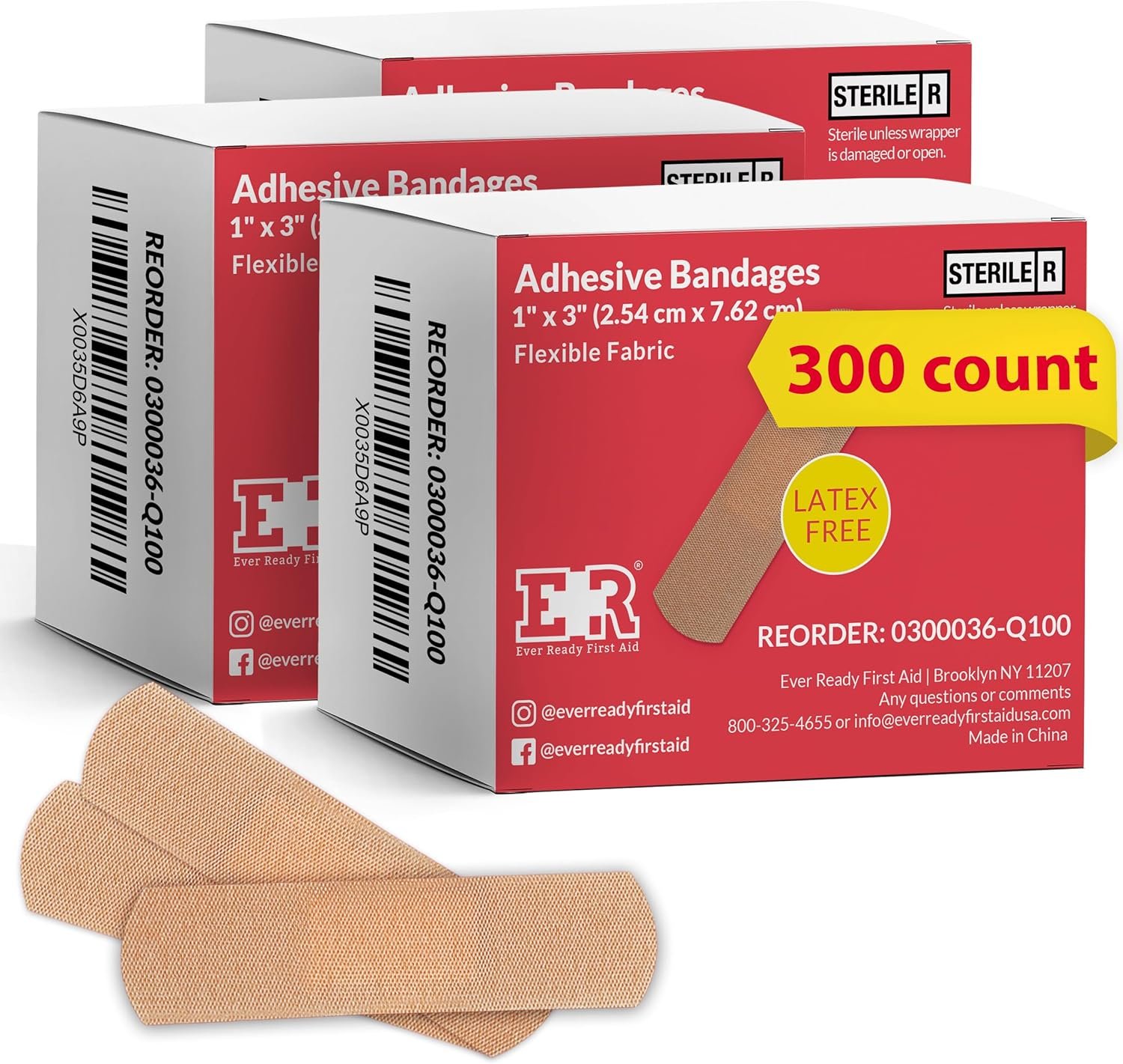 Ever Ready First Aid 1” x 3” Fabric Adhesive Bandages, Latex-Free Stretchy Strips – 300 Count