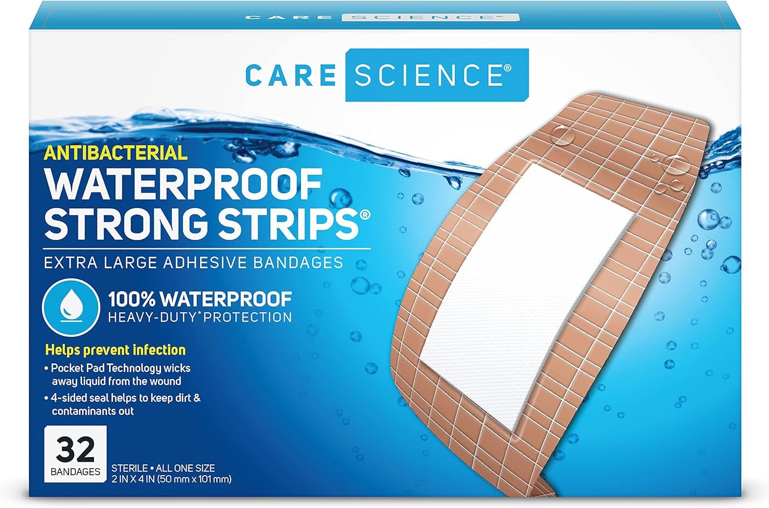 Care Science Waterproof Strong Strips Adhesive Bandages, Extra Large, 32 CT | 100% Waterproof, Heavy-Duty Protection, Helps Prevent Infection for First Aid and Wound Care