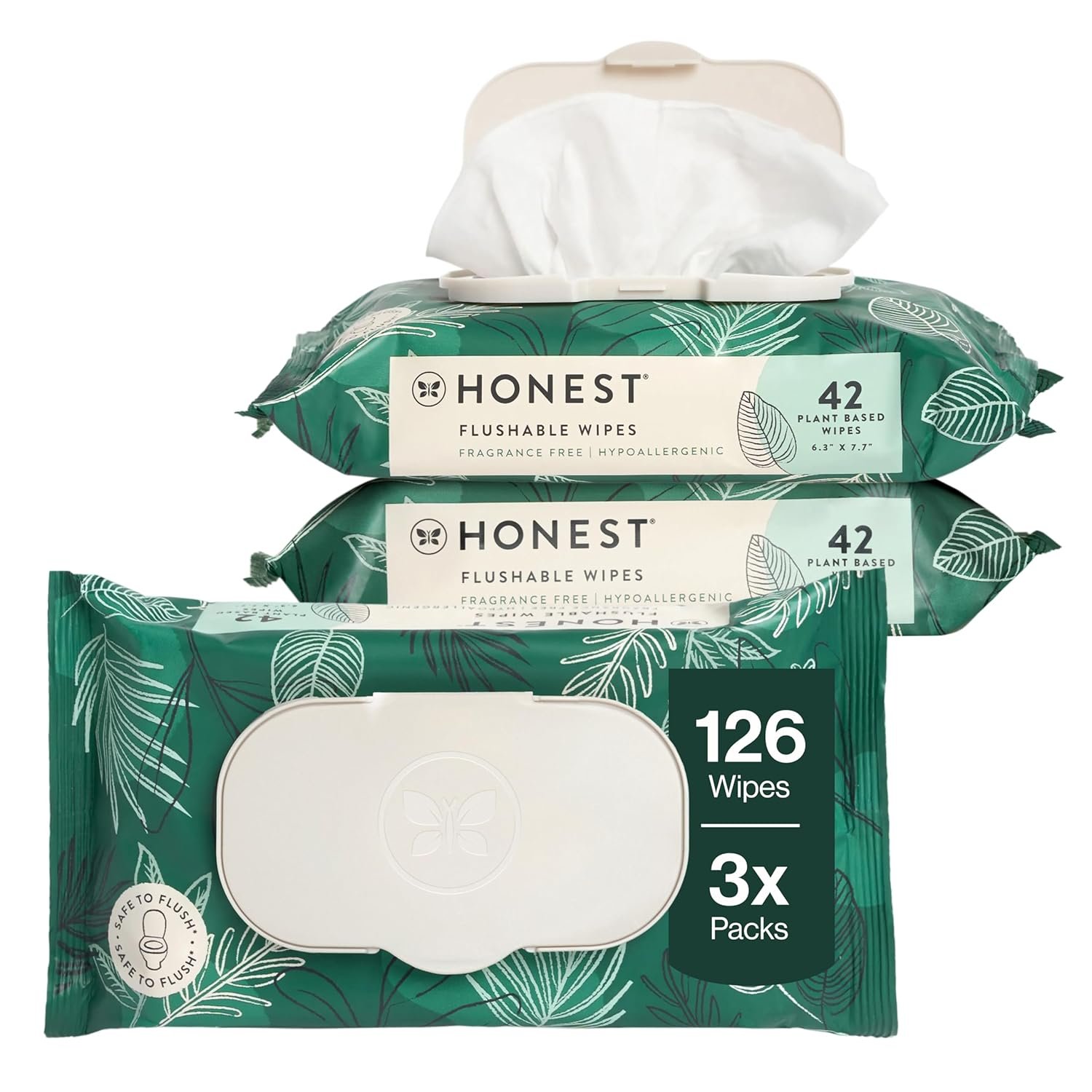 The Honest Company Hypoallergenic Flushable Wipes for Sensitive Skin, Tropical Leaves, 126 Count