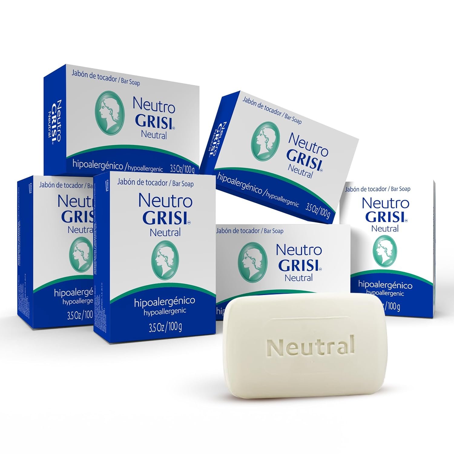 Grisi Neutral Hypoallergenic Bar Soap – Fragrance-Free & Dye-Free for Face & Body – Gentle Moisturizing Wash for Sensitive Skin – pH-Balanced Natural Cleanser – 3.5 oz | 6-Pack
