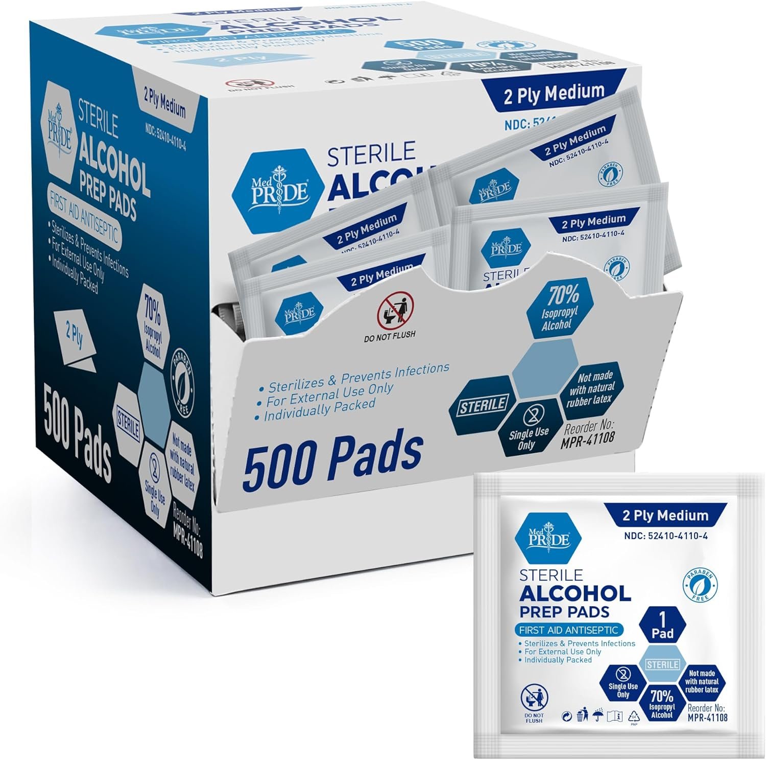 MED PRIDE Alcohol Prep Pads, Medical-Grade, Sterile, Individually-Wrapped, Medium Square Size, 2ply (500 Count (Pack of 1))