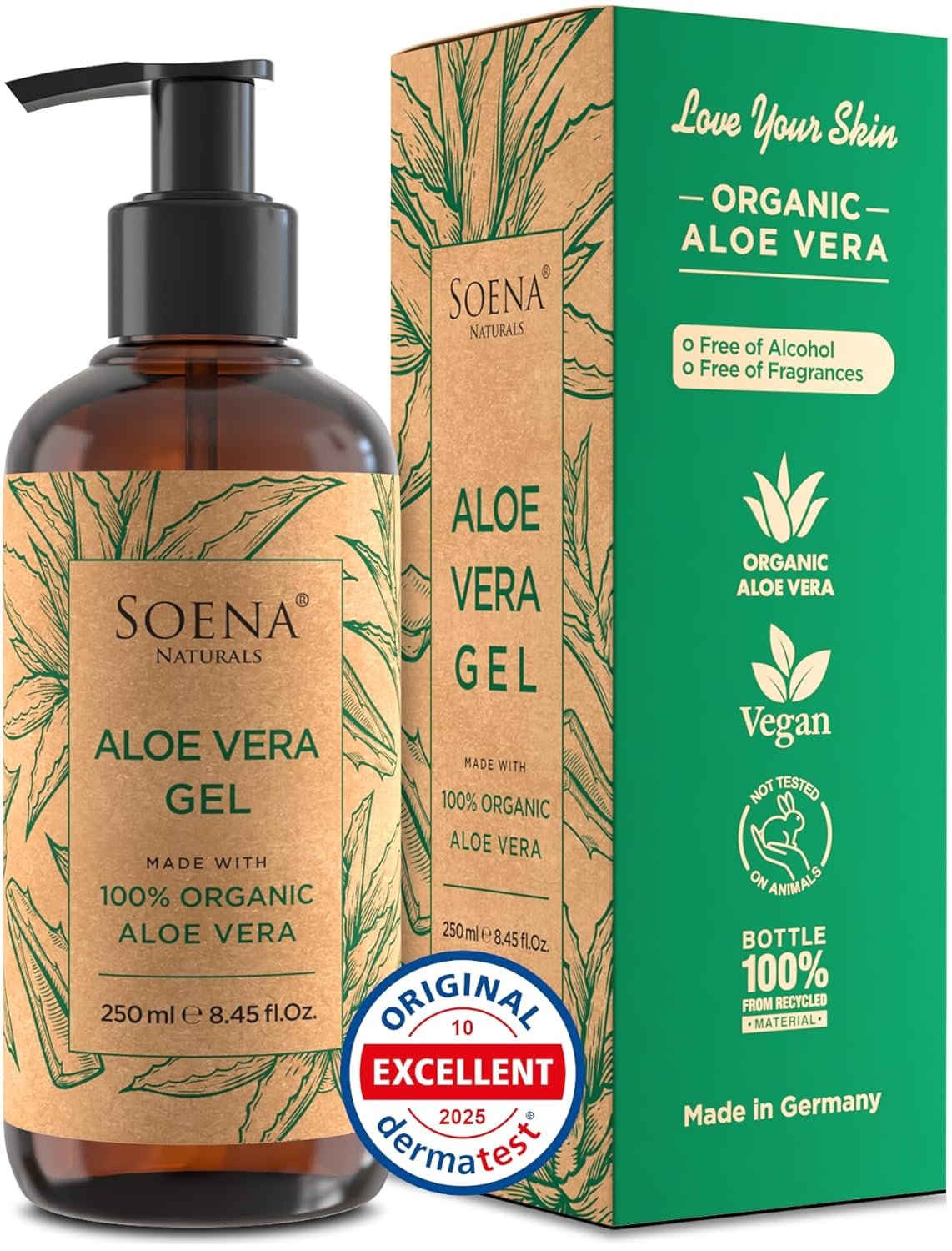 Aloe Vera Gel Organic – FROM PURE ALOE LEAF JUICE – Vegan | 100% Natural & Unscented – Certified Organic – Made in Germany – Moisturizer – For Face, Skin, Hair, Sunburn relief