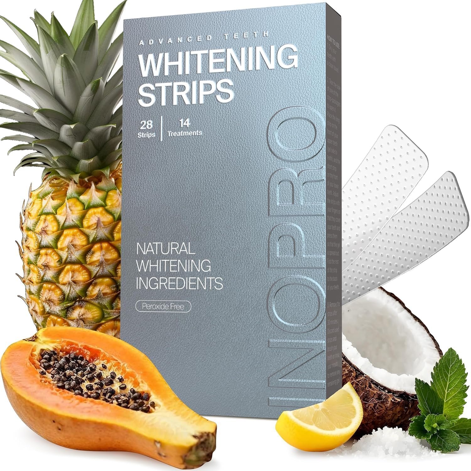 InoPro Natural Teeth Whitening Strips Kit 14 Treatments – Sensitive Teeth Whitener, Peroxide Free with Papain, Bromelain, Coconut Oil, White Strips for Teeth Whitening (28 Strips)