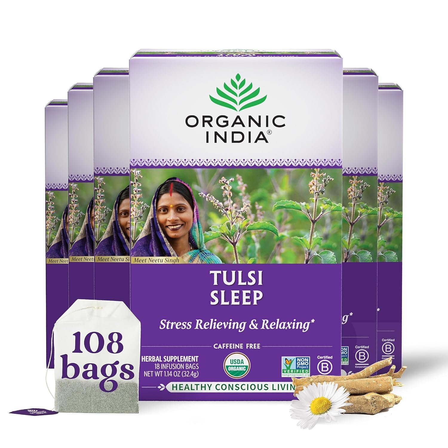 ORGANIC INDIA Tulsi Sleep Herbal Tea – Holy Basil, Ashwagandha, Chamomile, Night Time Tea for Bedtime, Stress Relieving & Relaxing, Immune Support, USDA Certified Organic – 18 Infusion Bags, 6 Pack