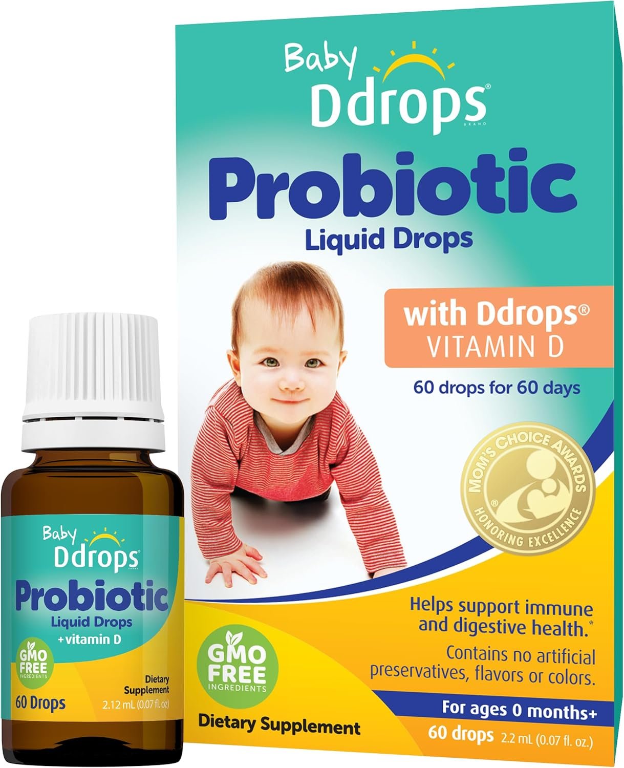 Ddrops Baby Probiotic with Vitamin D, 60 Drops – Colic Symptom Relief for Newborns and Infants – Easy-to-Use, Just One Drop Daily, No Sugar, Non-GMO, Allergy-friendy