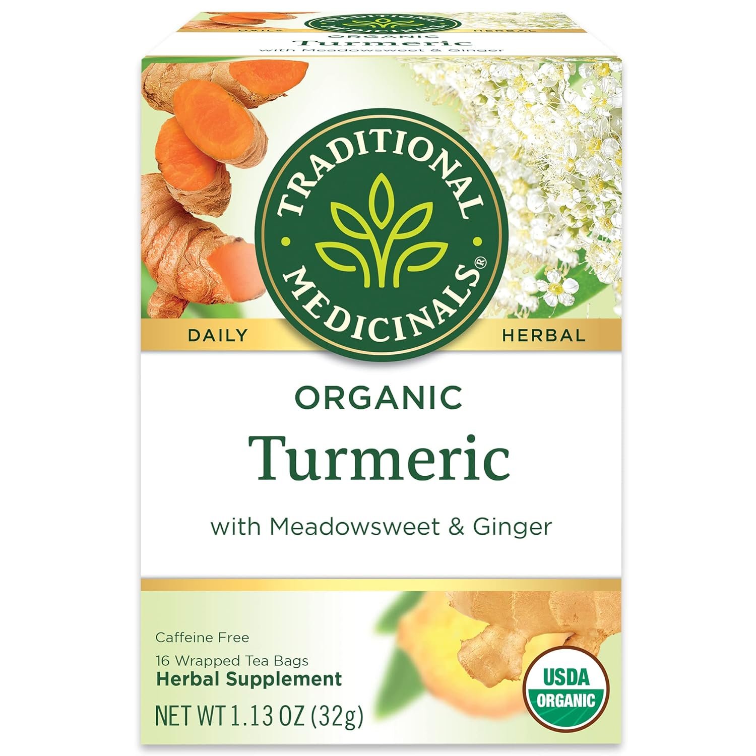 Traditional Medicinals Organic, Turmeric Tea with Ginger & Meadowsweet – Supports Normal Response to Inflammation – Kosher, Non-GMO, Caffeine-Free, Compostable – 16 Tea Bags