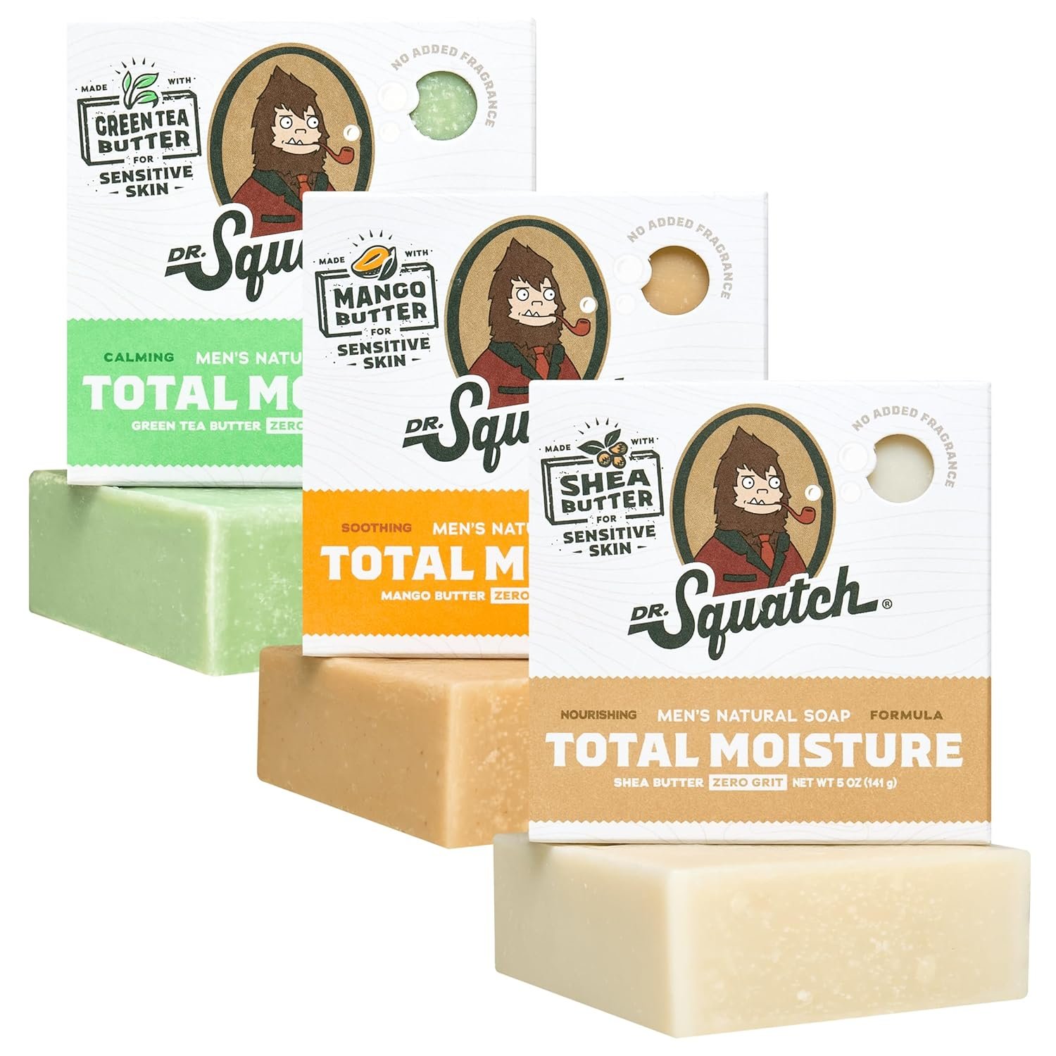 Dr. Squatch NEW Total Moisture Bar Soap for Men – No Added Fragrance Formulated for Sensitive Skin – Shea Butter, Mango Butter & Green Tea Butter (5 oz, 3-pack)