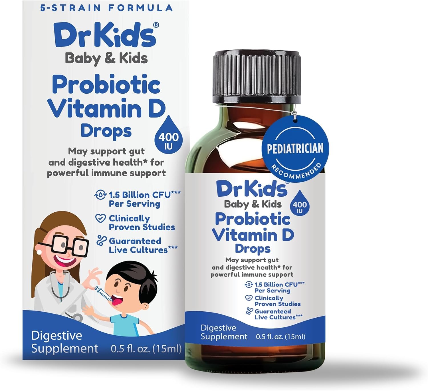 Dr. Kids Probiotic Vitamin D Drops – Supports Infant & Child Gut Health, Helps Reduce Gas, Colic & Fussiness, Baby Probiotic Drops with Vitamin D3, Pediatrician Recommended, Unflavored, 0.5 fl oz