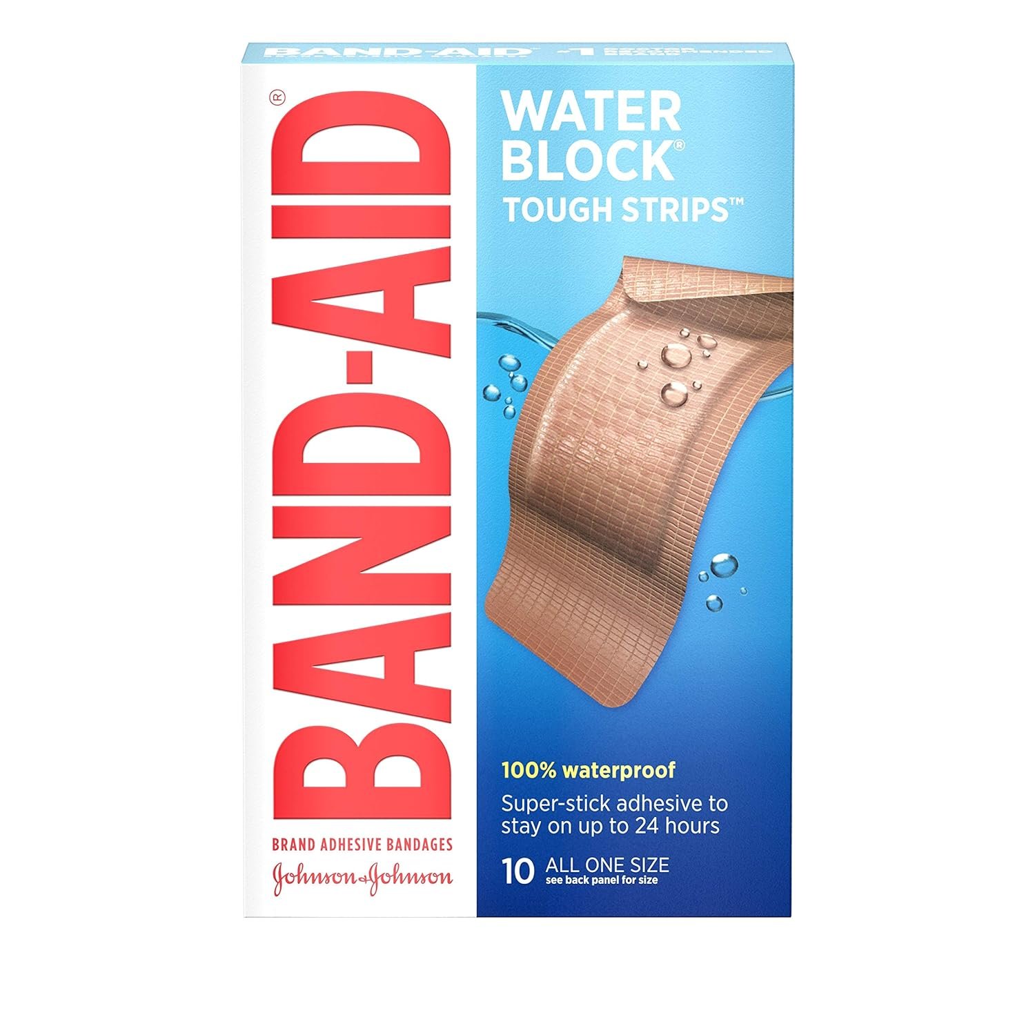 Band-Aid Brand Water Block Tough Strips Adhesive Bandages for First Aid Wound Care, Durable Waterproof Bandages to Protect Minor Cuts, Scrapes & Burns, Sterile, Extra Large, 10 ct
