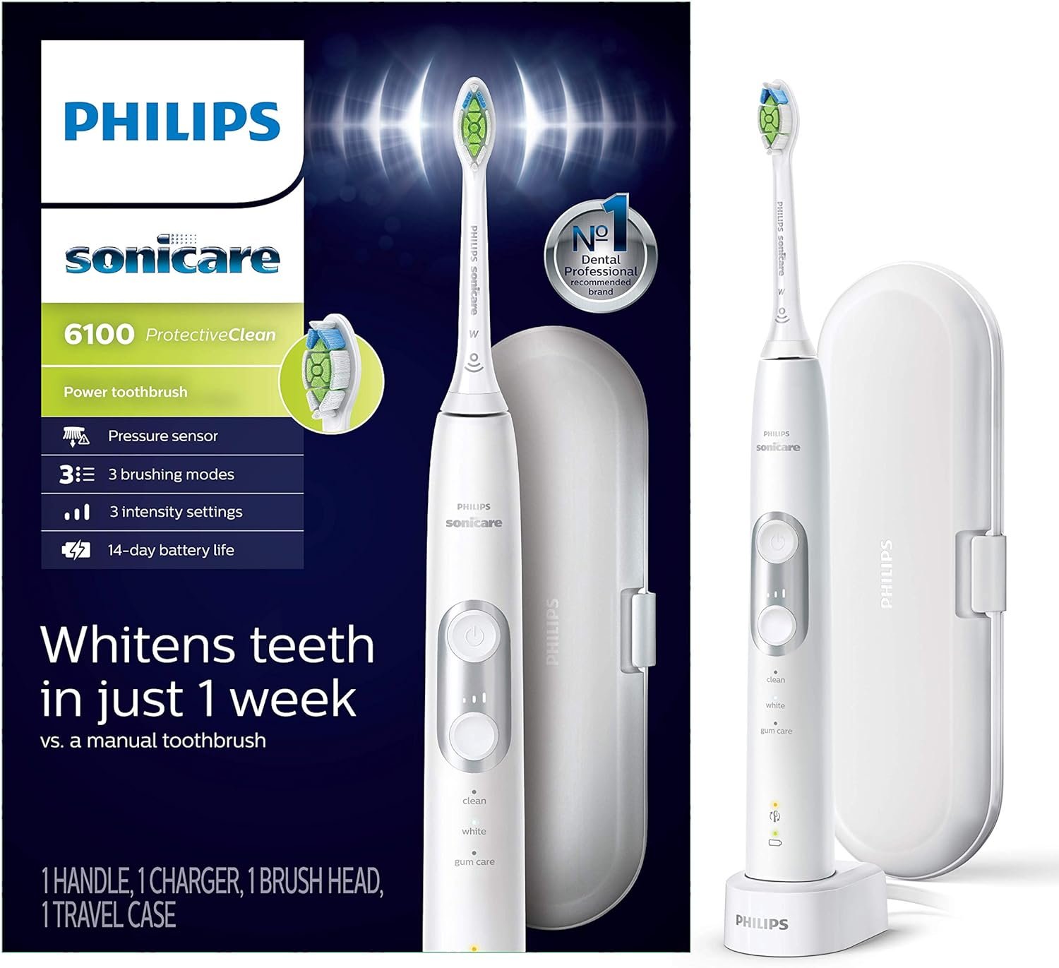 PHILIPS Sonicare ProtectiveClean 6100 Rechargeable Electric Toothbrush, with Pressure Sensor, 3 Cleaning Modes, SmarTimer and QuadPacer, 14-Day Battery Life, Travel Case, White, Model HX6877/21