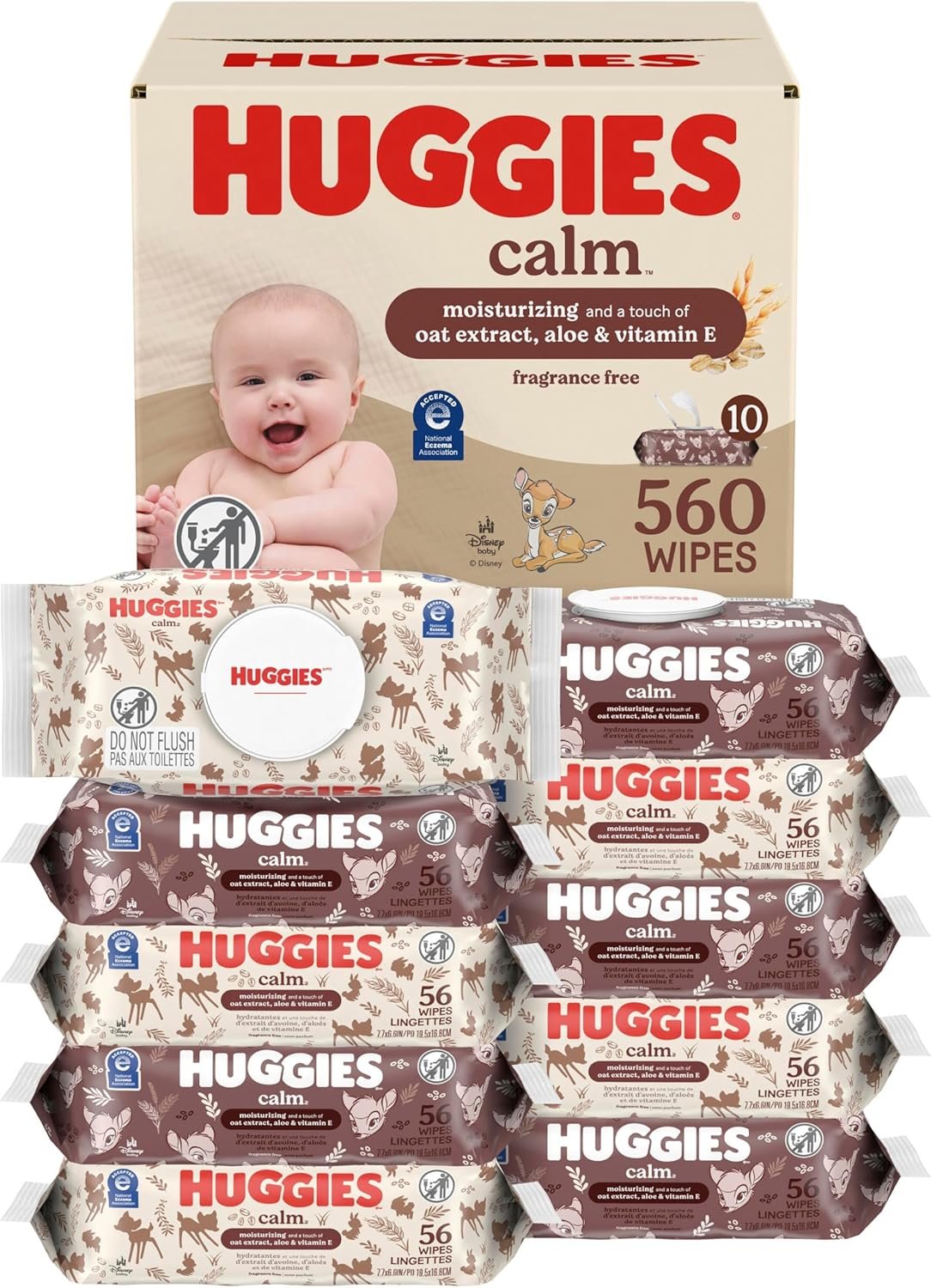 Huggies Calm Baby Wipes, Unscented, Hypoallergenic, 10 Push Button Packs (560 Wipes Total)