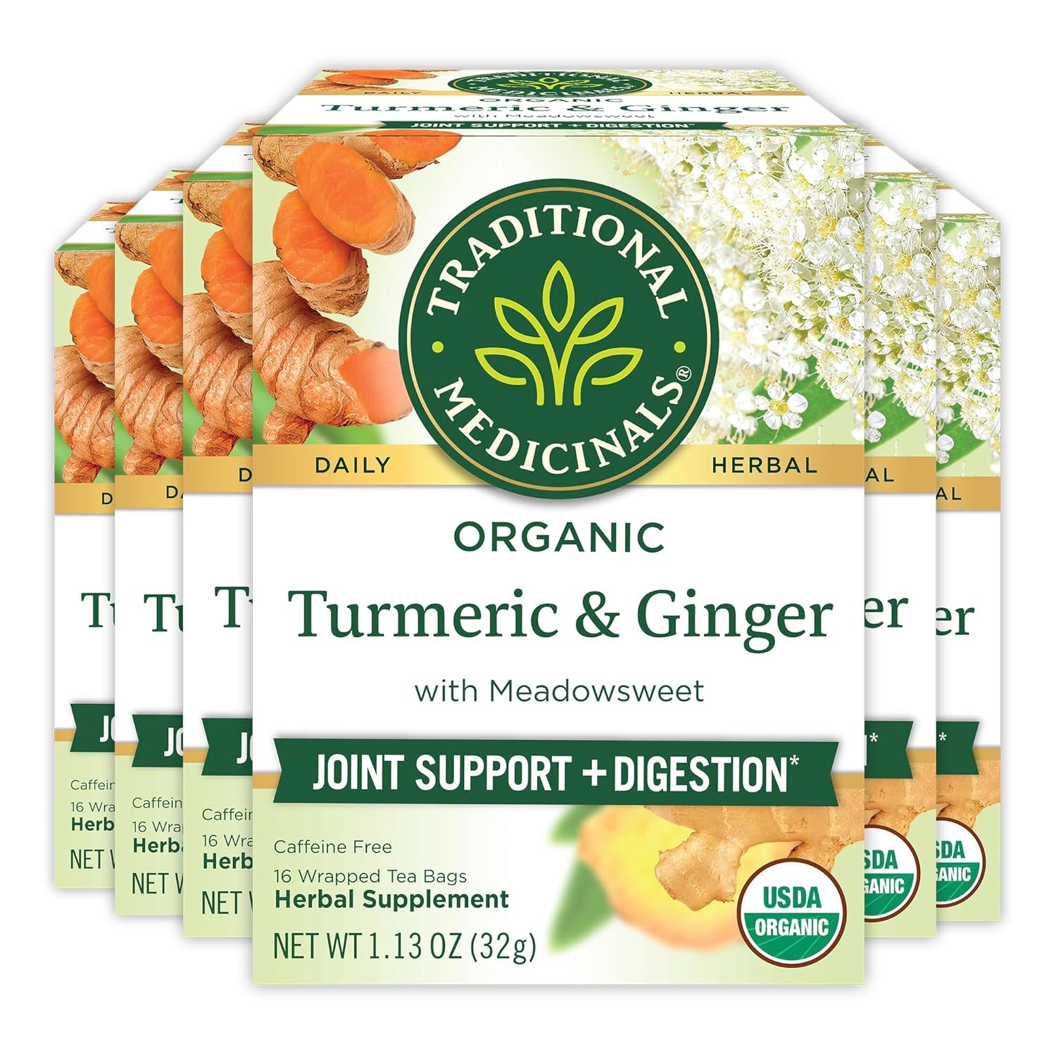 Traditional Medicinals Organic Turmeric with Meadowsweet & Ginger Herbal Tea, Supports A Healthy Response To Inflammation,16 Count (Pack of 6)