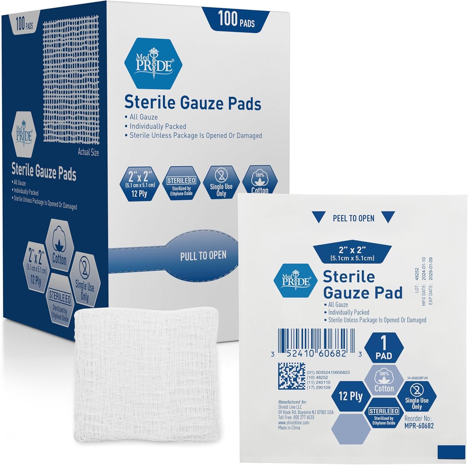 MED PRIDE Sterile Nonstick Gauze Dressing Pads, 12-Ply Cotton, Highly Absorbent, Individually Wrapped for Wound Care and First Aid (2×2 Inch (Pack of 100))
