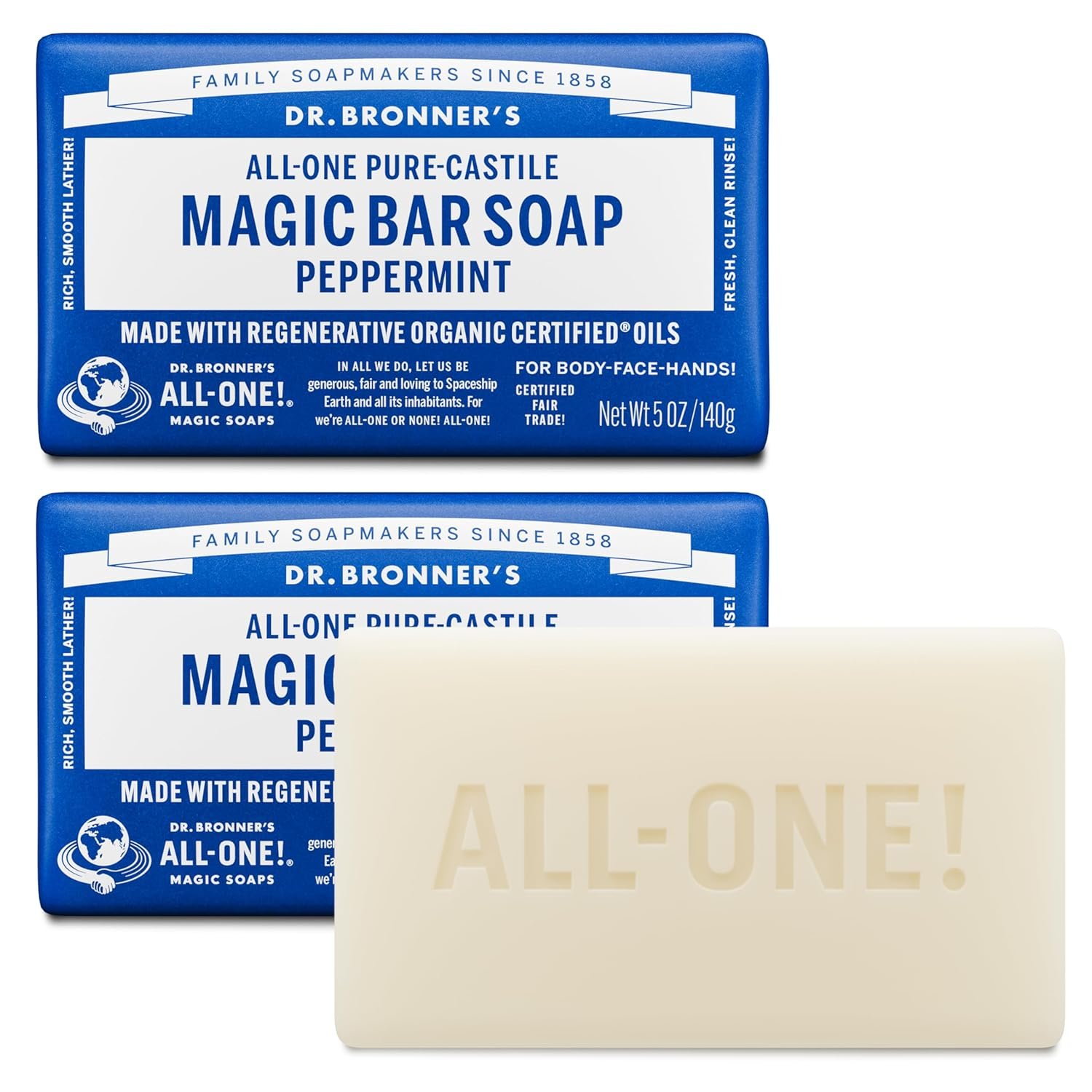 Dr. Bronner’s Pure-Castile Magic Bar Soaps (Peppermint, 5oz, 2-Pack) – Made with Regenerative Organic Certified Oils, Soap Bars for Men & Women, Gentle for Face & Body, Vegan, Non-GMO