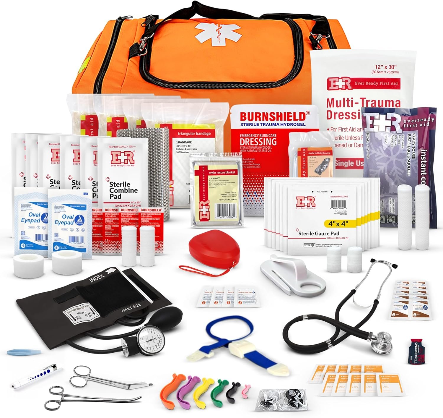 First Responder Trauma First Aid Kit Bag – Fully Stocked Emergency Medical Kit for Workplace, Vehicle & Home – OSHA & ANSI Compliant – Portable – Orange
