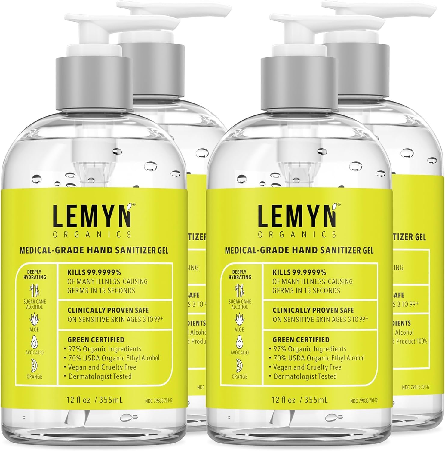 Medical Grade Hand Sanitizer Gel – 97% ORGANIC – 12 FL.OZ. (PACK OF 4)