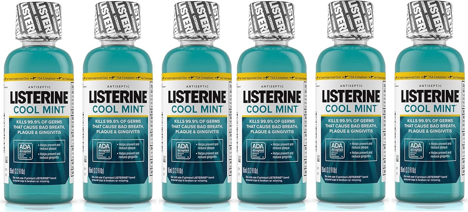 Listerine Cool Mint Antiseptic Mouthwash for Bad Breath, Travel Size 3.2 oz – Pack of 6