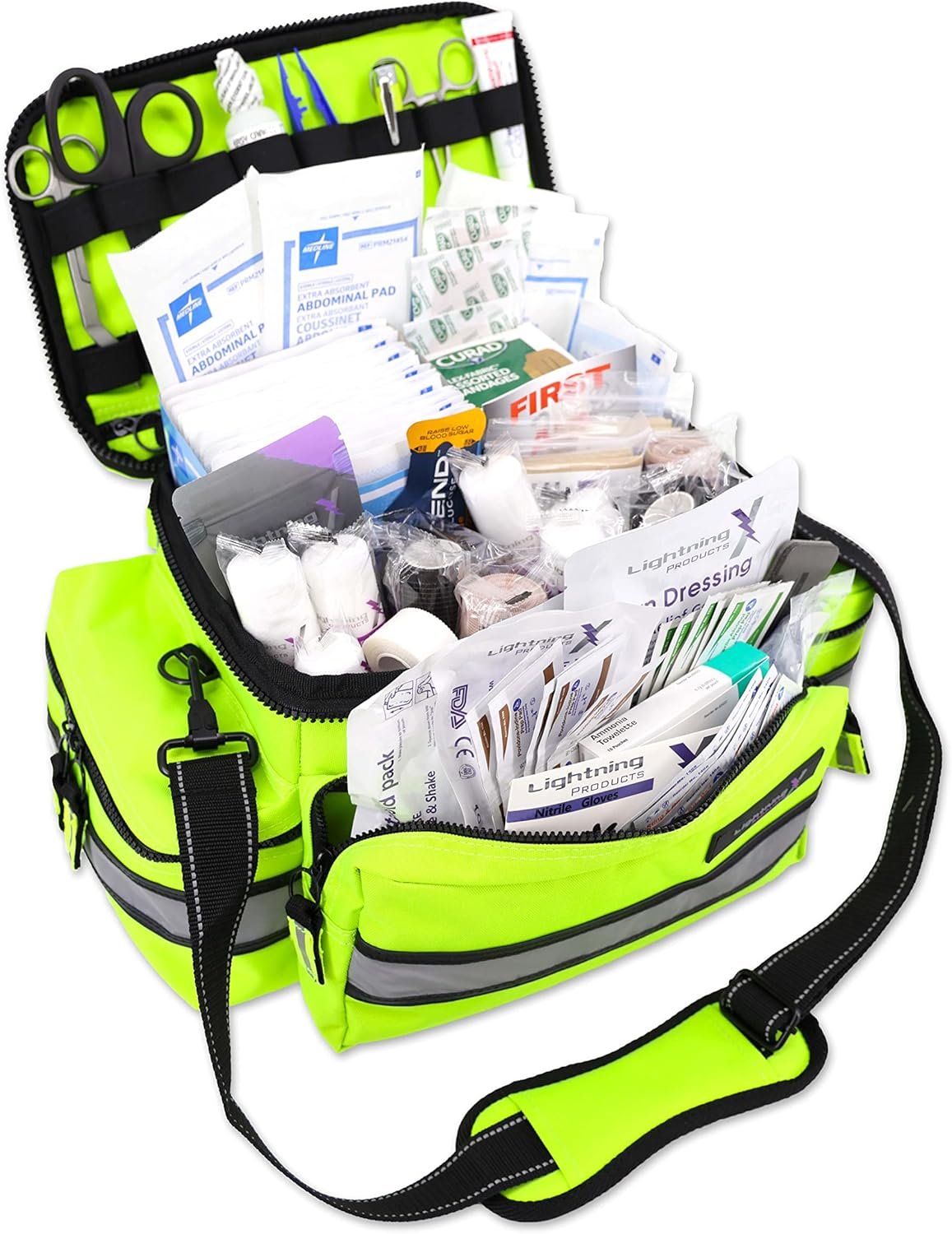 Lightning X Products Lightning X Mid-Sized First Responder EMT Bag | LXMB25 Fully Stocked Aid Kit w/ 200+ BLS Supplies – Fluorescent Yellow
