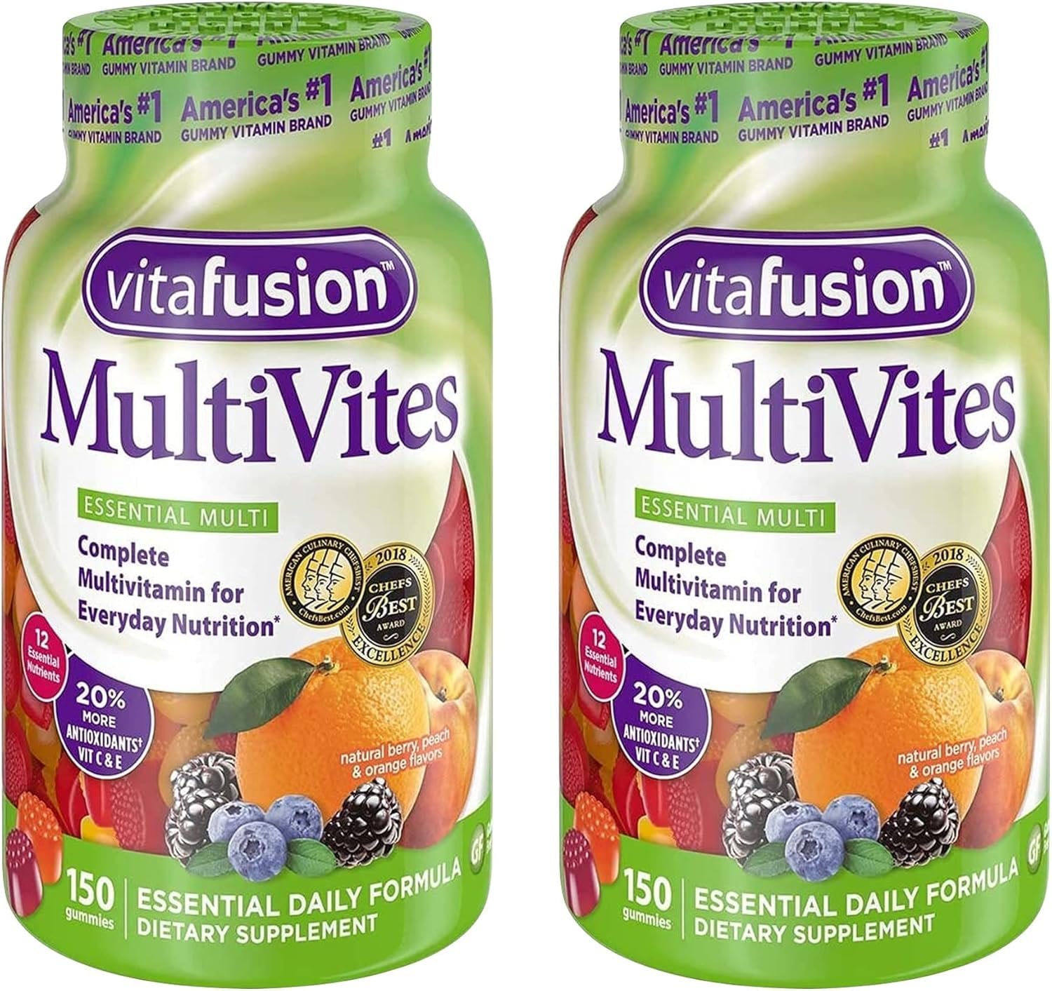 Vitafusion MultiVites Gummies Vitamins for Adults Berry, Peach and Orange – 150 ct, Pack of 2
