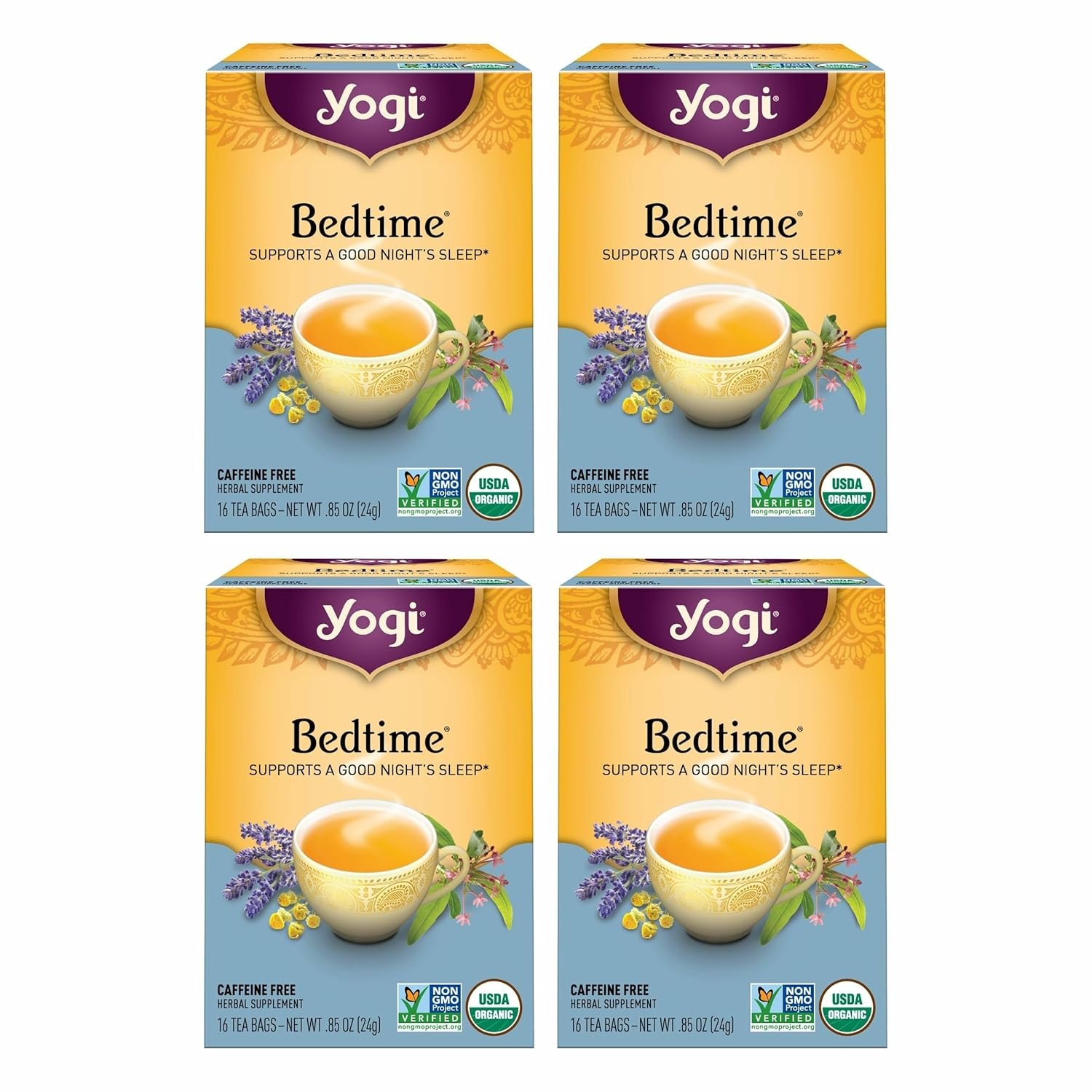 Yogi Tea Bedtime Tea – 16 Tea Bags per Pack (4 Packs) – Chamomile & Passionflower Herbal Tea Blend – Tea to Support a Good Night’s Sleep – Includes Lavender, Licorice Root, Spearmint & Cardamom