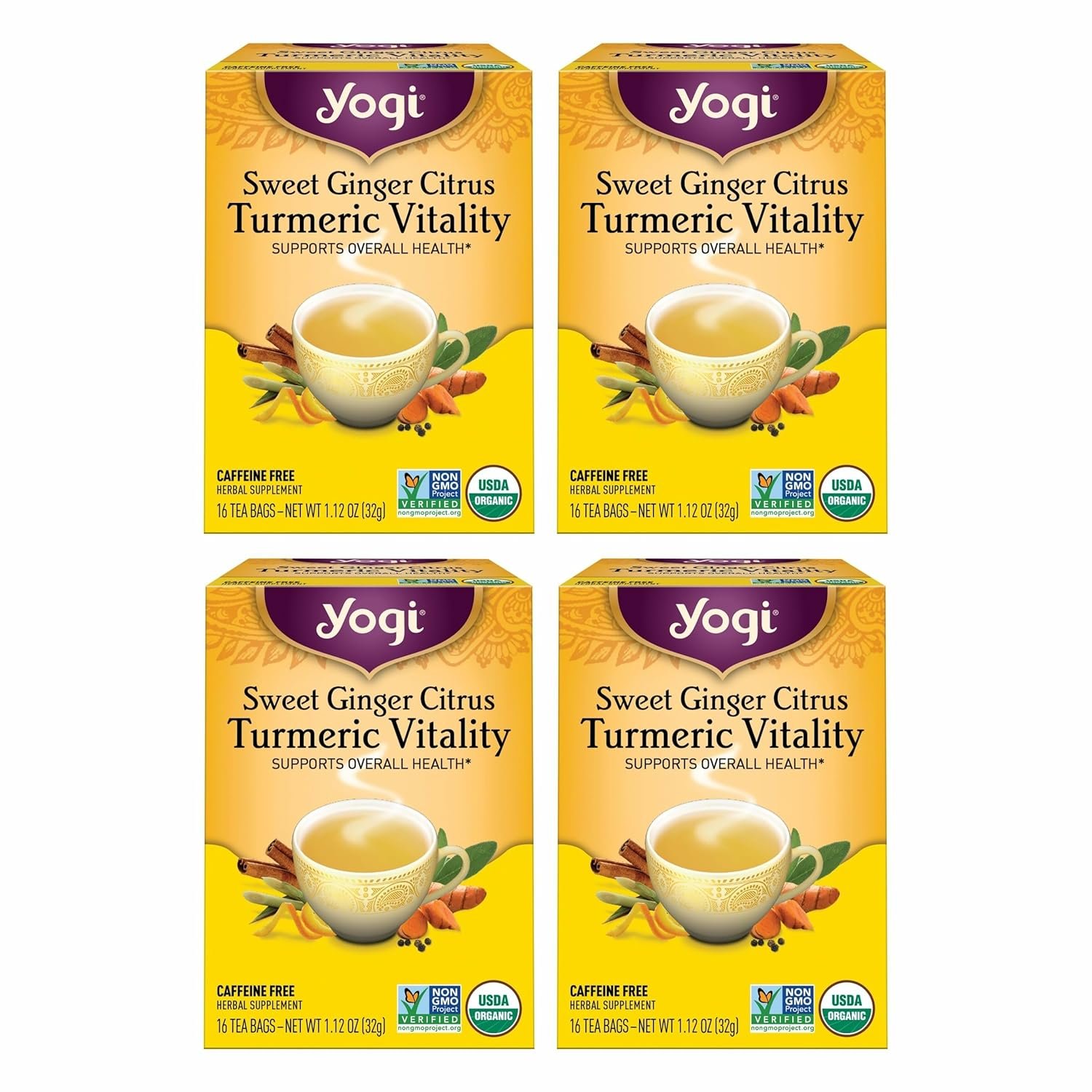 Yogi Tea Sweet Ginger Citrus Turmeric Vitality – 16 Bags per Pack (4 Packs) – Organic Ginger & Turmeric Root Tea – Supports Well-being – Includes Cinnamon Bark & More