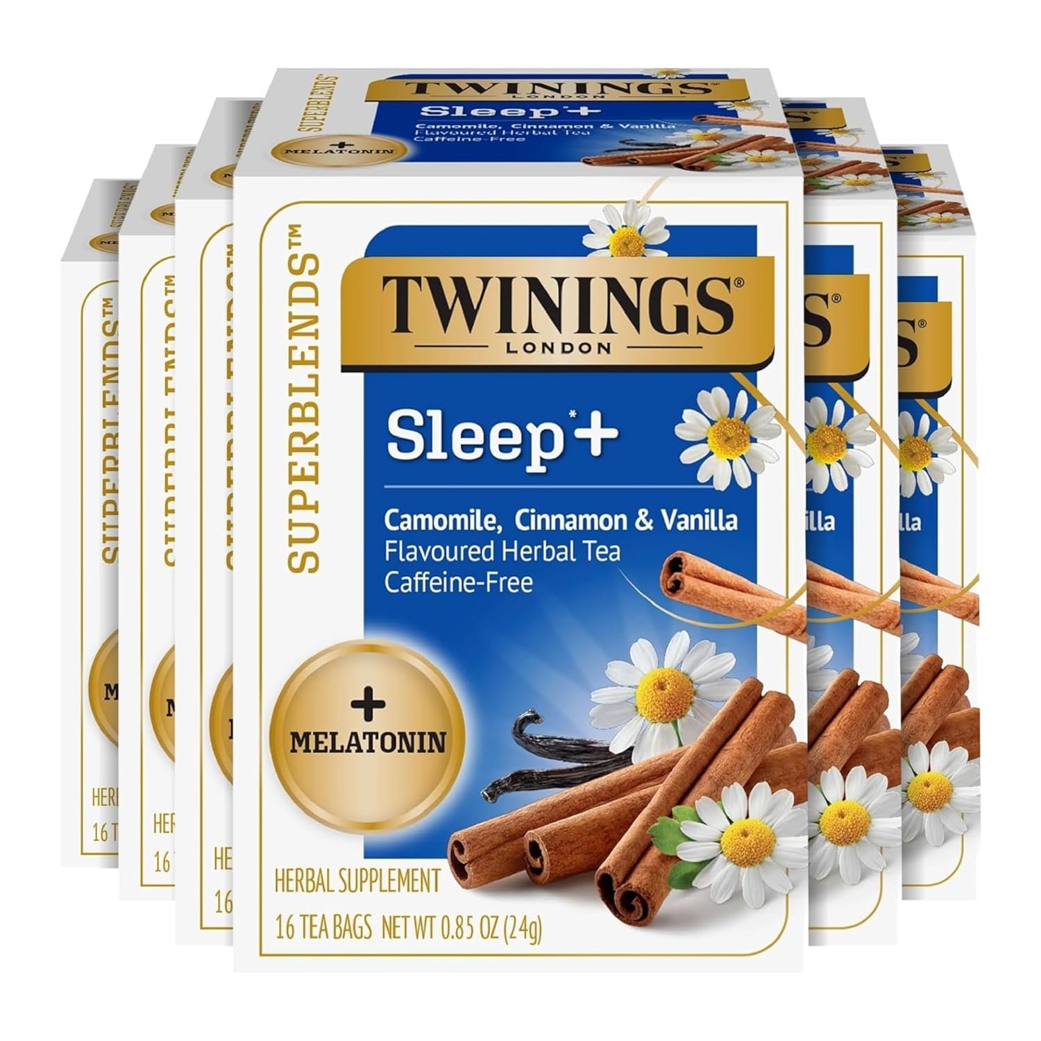 Twinings Superblends Sleep+ Herbal Tea with 1mg Melatonin, Camomile, Cinnamon & Vanilla, Naturally Caffeine-Free, 16 Tea Bags (Pack of 6), 96 Teabags