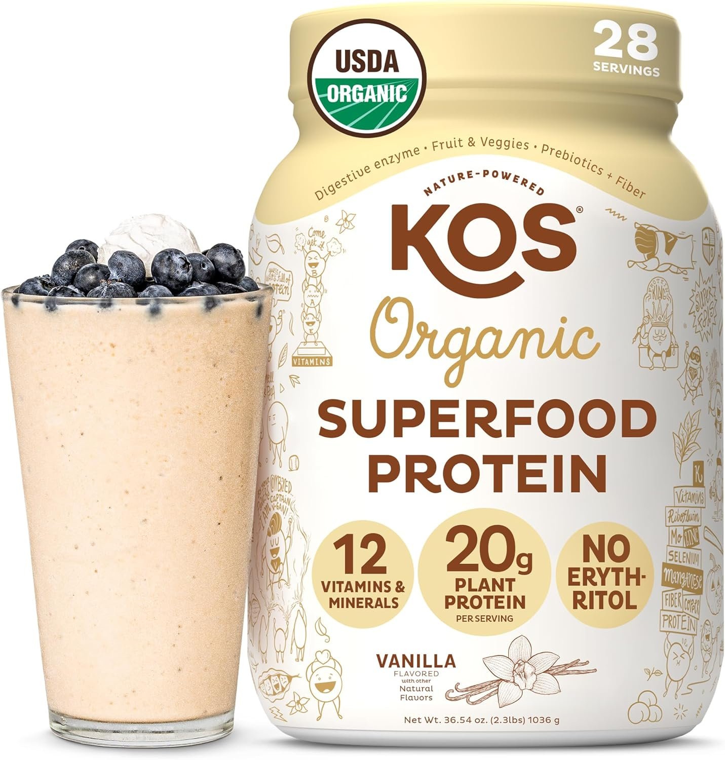 KOS Vegan Protein Powder Erythritol Free, Vanilla USDA Organic – Pea Protein Blend, Plant Based Superfood Rich in Vitamins & Minerals – Keto, Dairy Free – Meal Replacement for Women & Men, 28 Servings