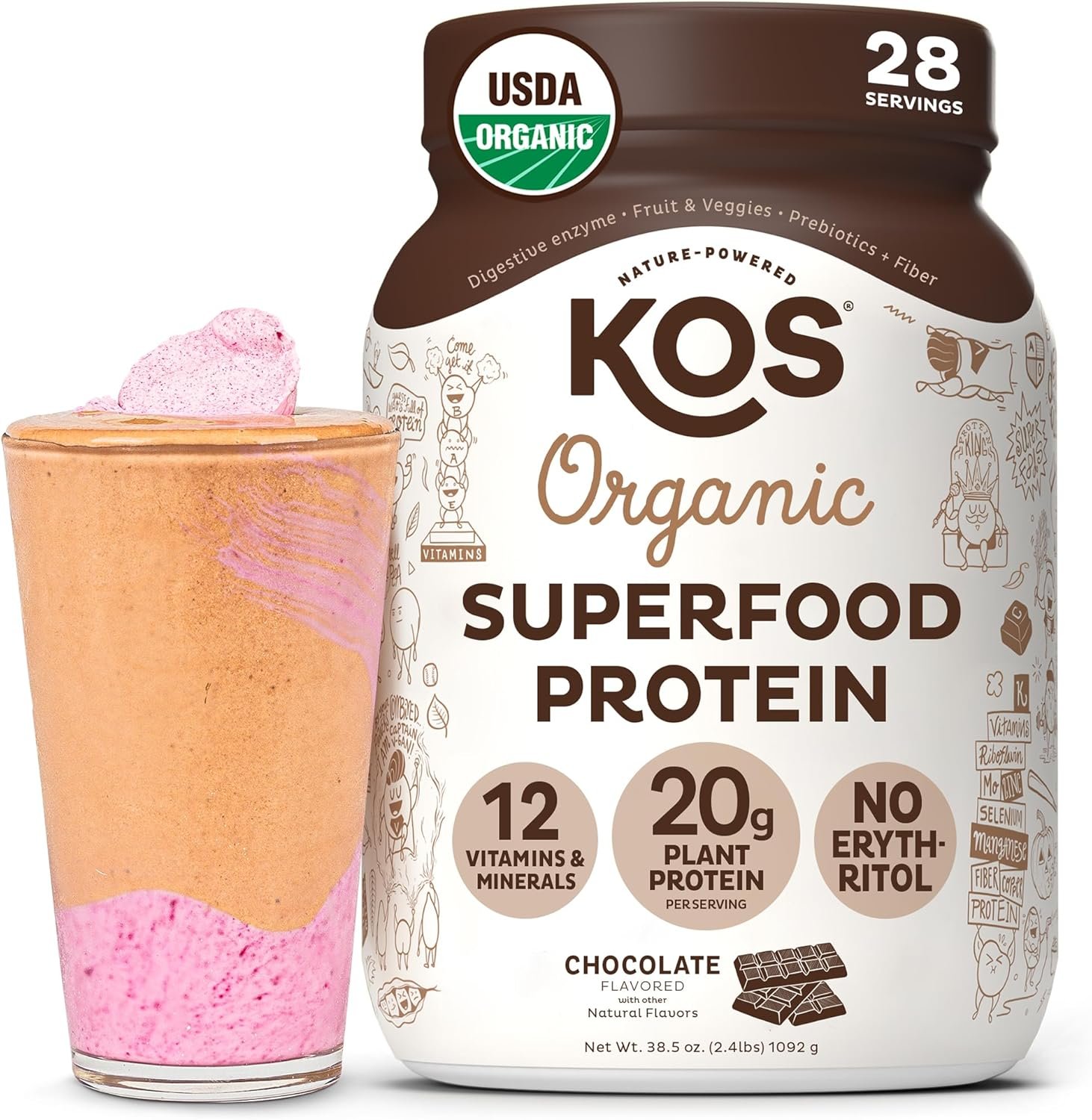 KOS Vegan Protein Powder Erythritol Free, Chocolate – Organic Pea Protein Blend, Plant Based Superfood Rich in Vitamins & Minerals – Keto, Dairy Free – Meal Replacement for Women & Men, 28 Servings