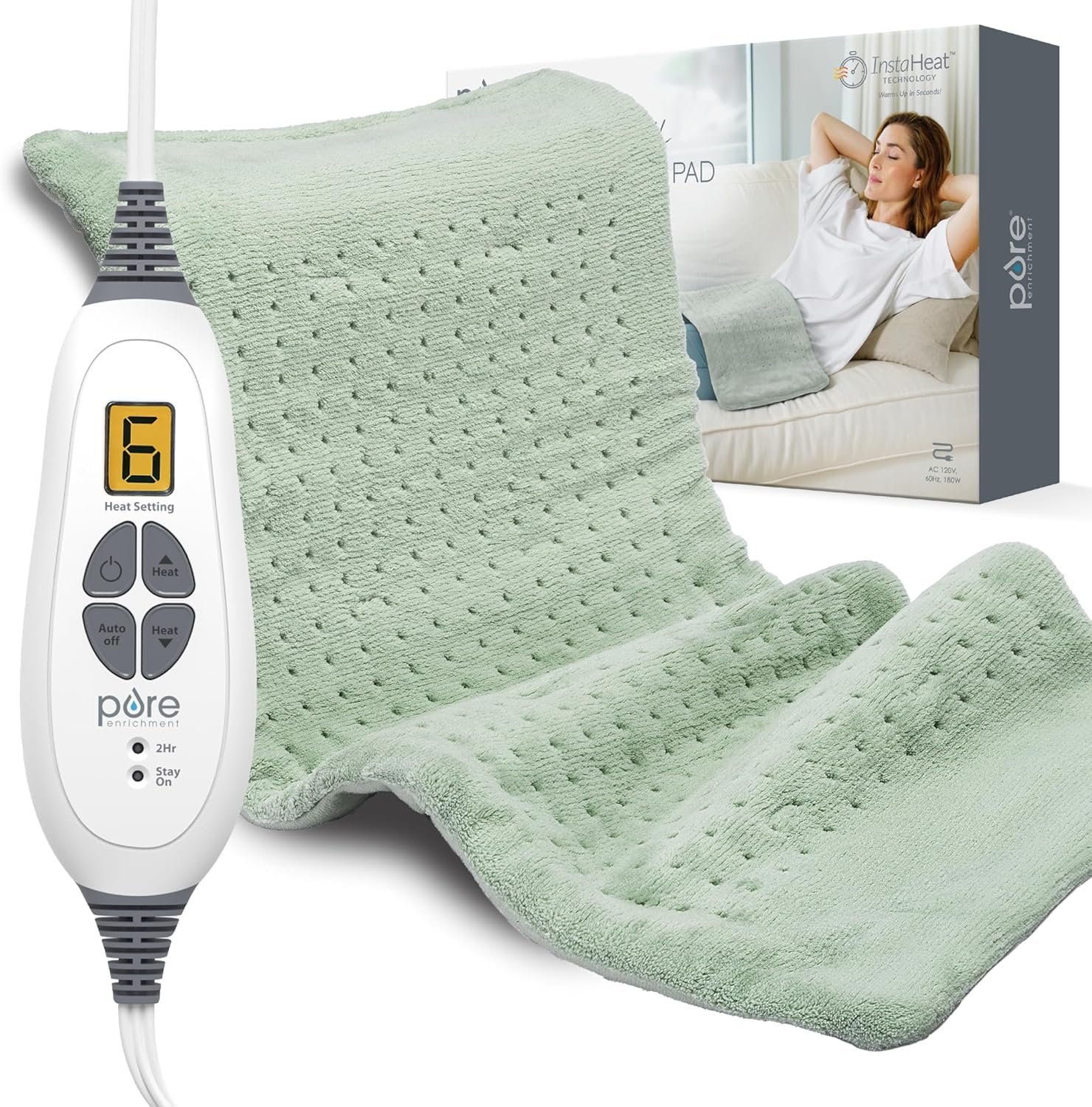Pure Enrichment PureRelief XL Heating Pad – 12″ x 24″ Electric Heating Pad for Back Pain & Cramps, 6 Heat Settings, FSA/HSA Eligible, Soft Machine Wash Fabric, Auto-Off & Moist Heat (Zen Green)