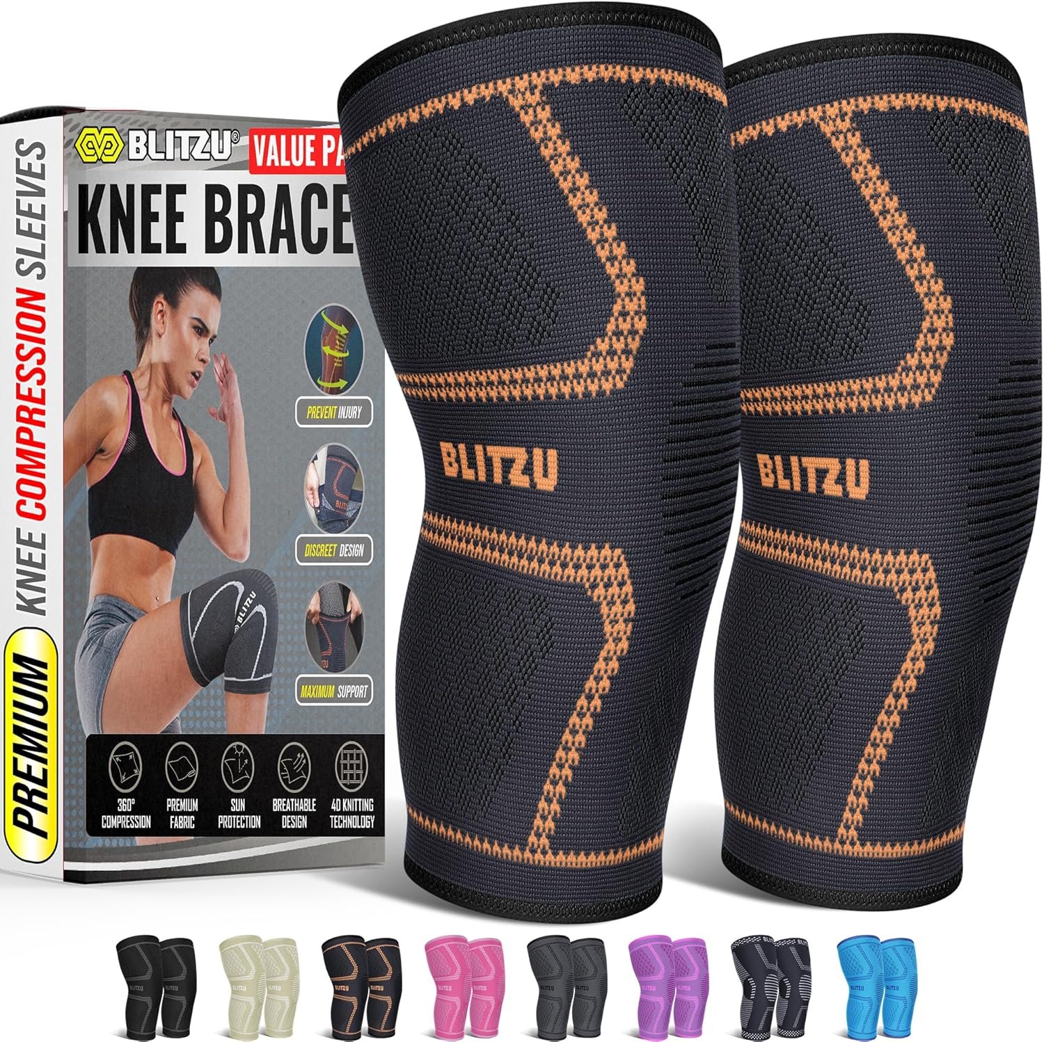 Knee Brace for Meniscus Tear 2 Pack, Knee Compression Sleeve for Men and Women, Knee Support for Arthritis, Swelling, Inflammation, ACL, Pain Relief, Running, Workout, Sports and Recovery Orange M