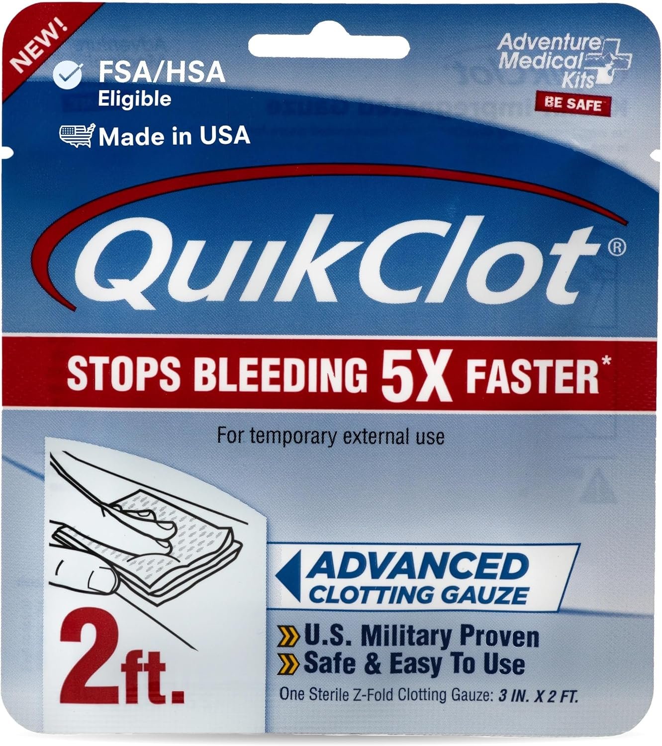 Adventure Medical Kits QuikClot Advanced Clotting Gauze – Stops Bleeding Up to 5X Faster Than Standard Gauze – Kaolin Hemostatic Dressing – for First Aid Kits & Survival Gear – 3 x 24
