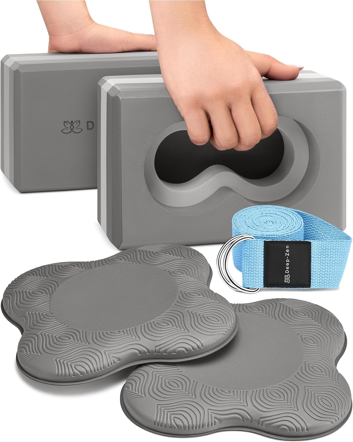 Deep-Zen® Yoga Blocks Wrist Support; Yoga Blocks 2 Pack with Knee Pads and Strap to Put Less Weight on Wrists; Durable, Versatile Yoga Brick Exercise Block Set, Blocks Yoga (Grey)