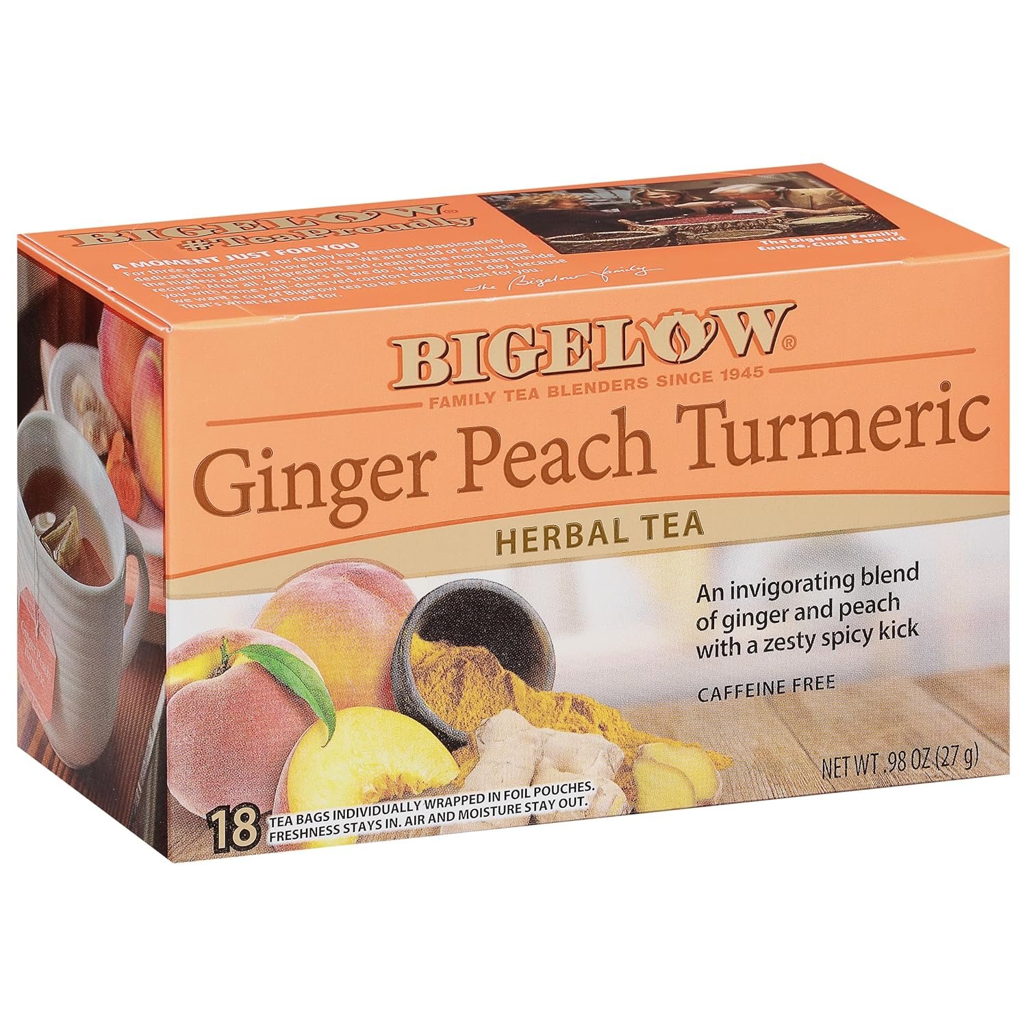 Bigelow Tea Ginger Peach Turmeric Herbal Tea, Caffeine Free Tea with Ginger and Peach, 18 Count Box (Pack of 6), 108 Total Tea Bags