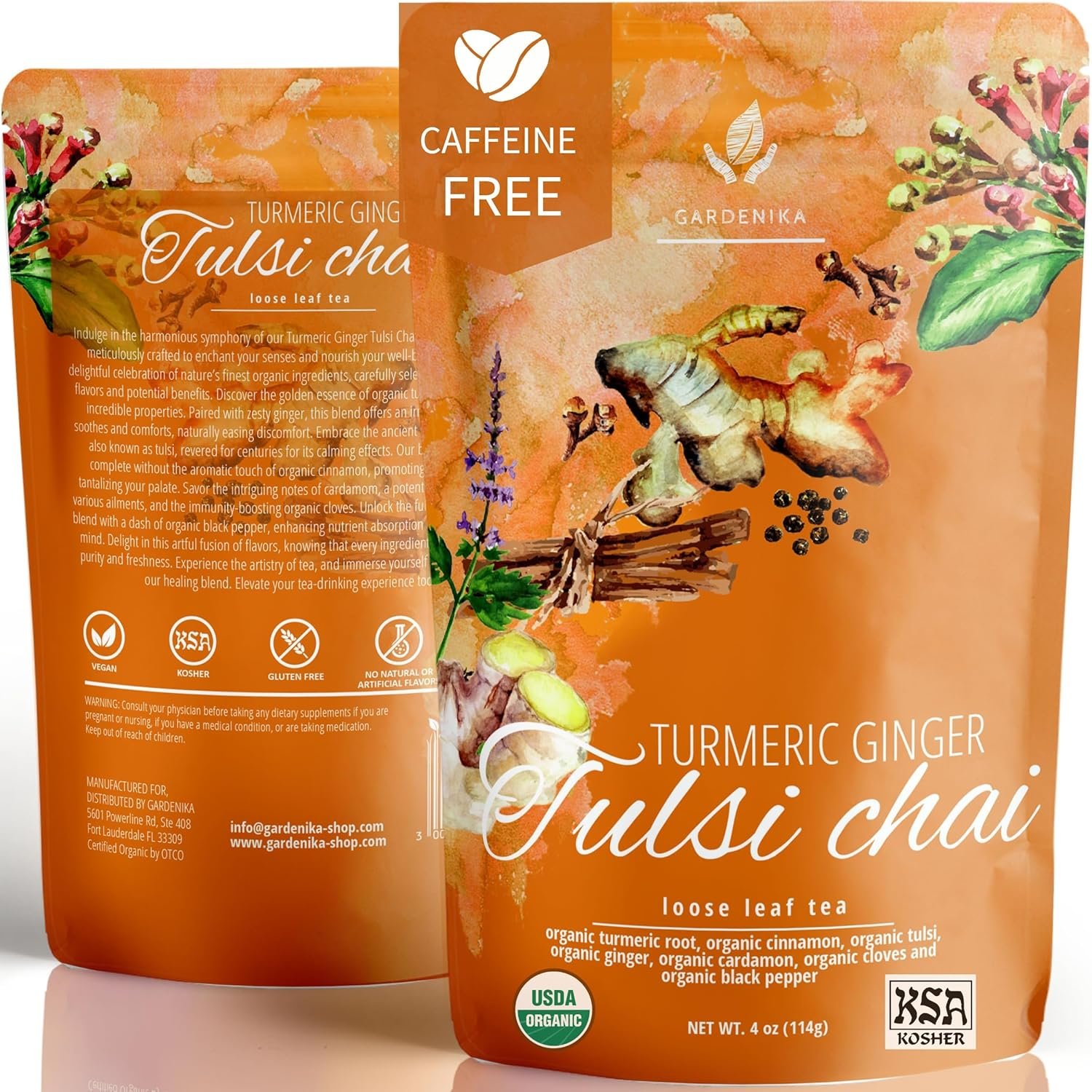 Organic Turmeric Ginger Tulsi Chai Tea | Loose Leaf | Ayurvedic Superfood Blend | Herbal and Caffeine-Free | 55+ Cups | KSA Kosher | 4 oz
