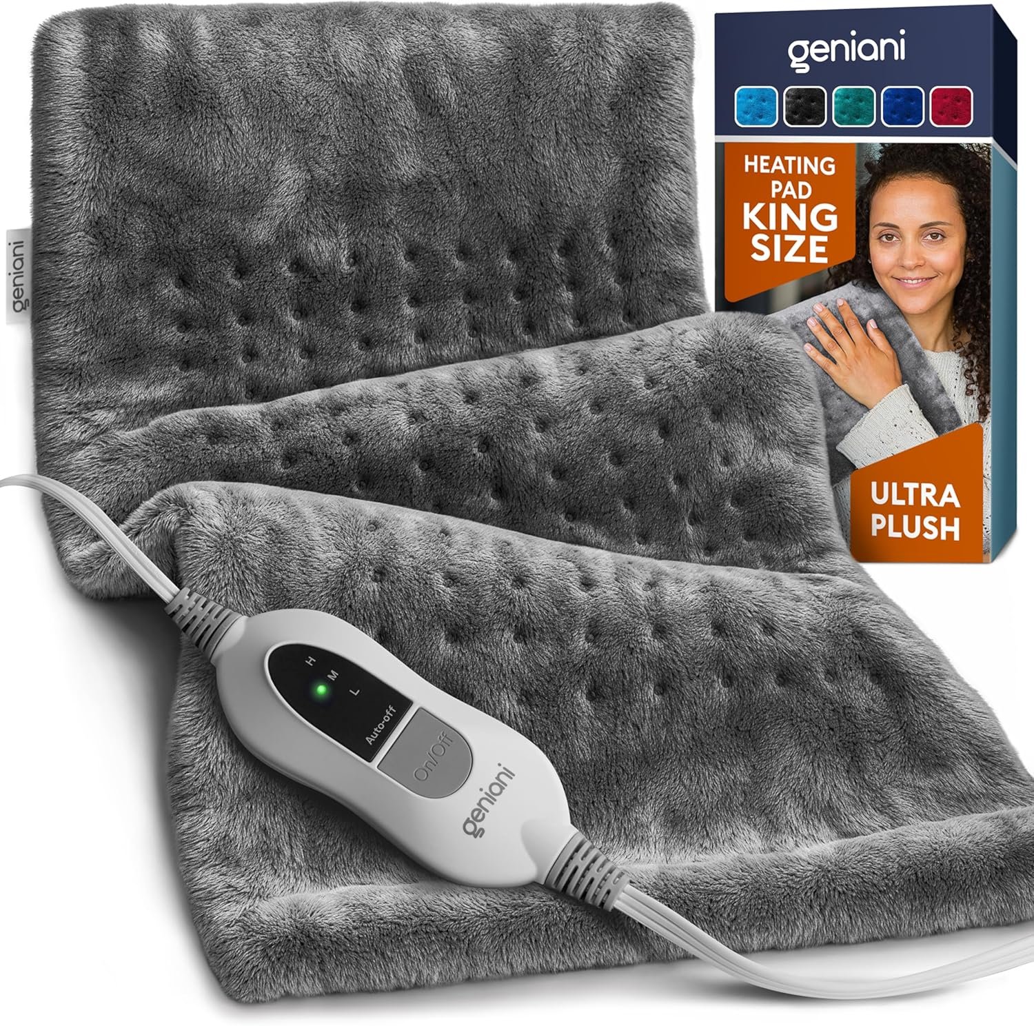GENIANI Electric Heating Pad for Back Pain & Cramps Relief, Electric Throw, Auto Shut Off, Machine Washable, Moist Heat Pad for Neck & Shoulder – Valentines Day Gifts for Her (12×24″, Tabby Gray)
