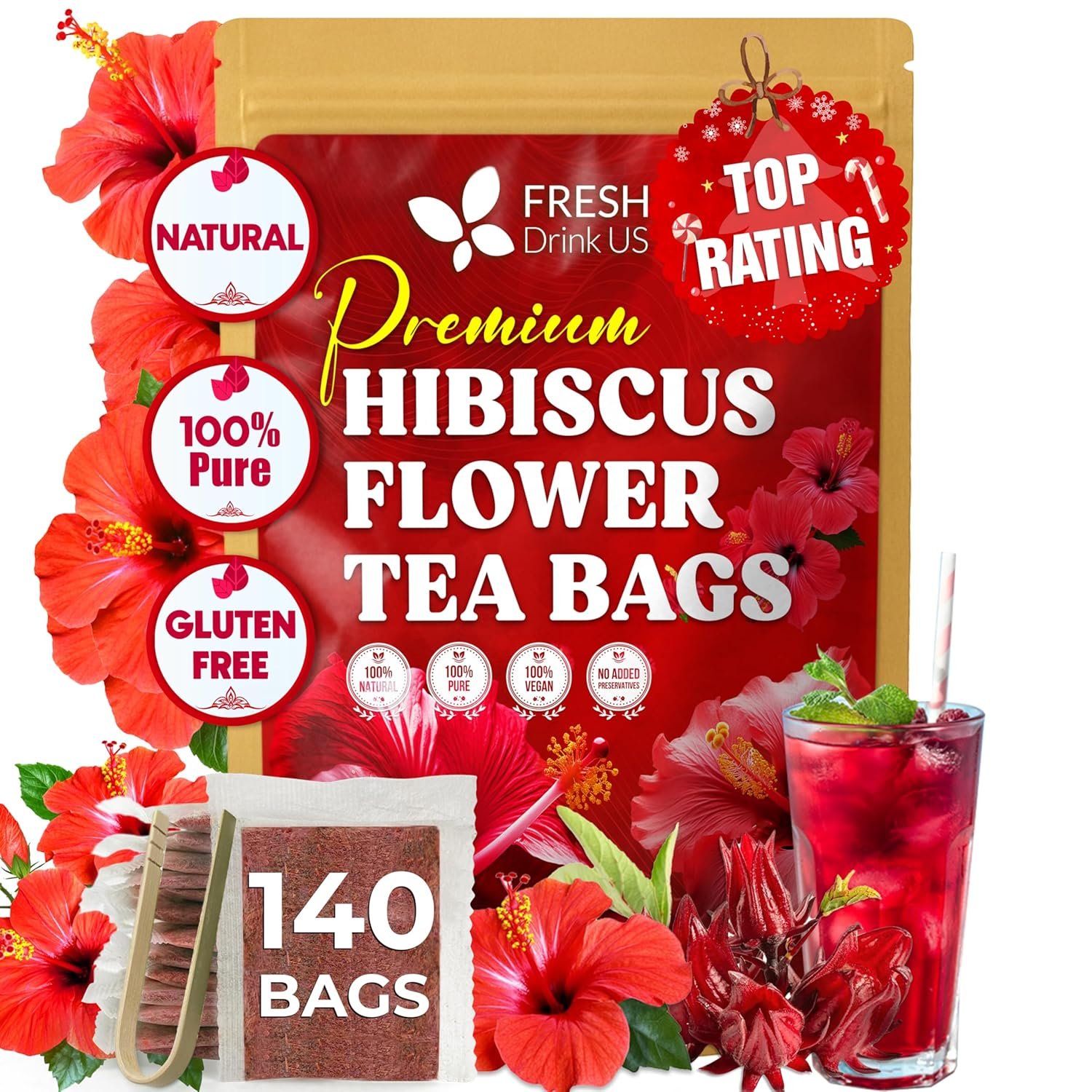 FreshDrinkUS, Premium 140 Hibiscus Flowers Tea Bags, 100% Natural, Handmade & Pure from Hibiscus Flowers. No Sugar/Caffeine/Gluten, Vegan. Tart & Refreshing, Hot or Ice Tea, Great For All Seasons