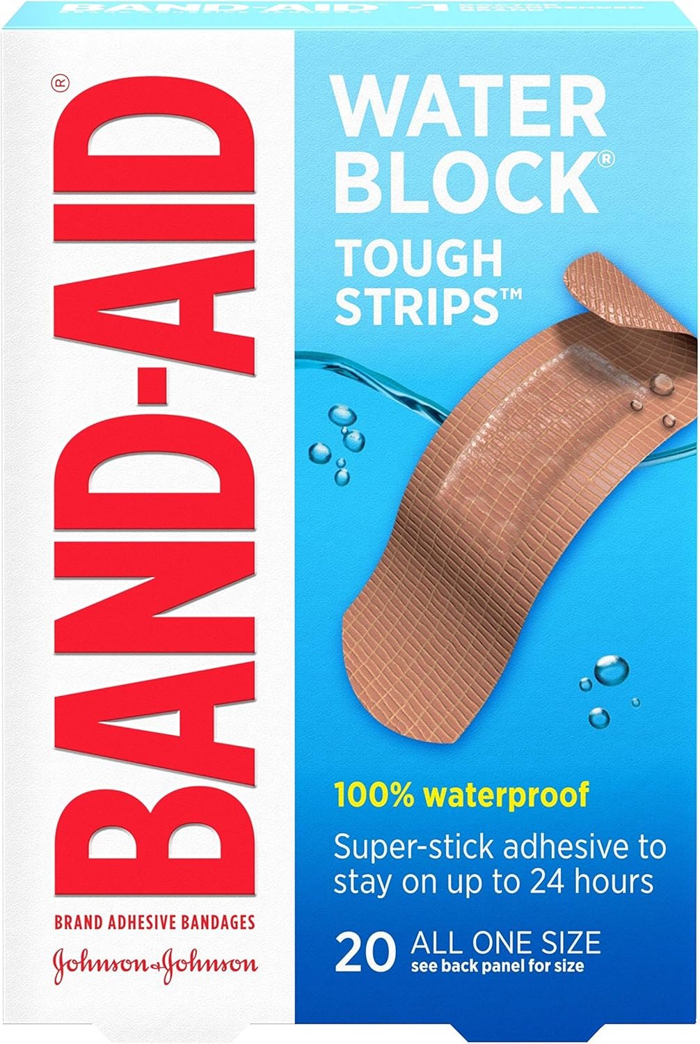 Band-Aid Brand Water Block Waterproof Tough Adhesive Bandages for Minor Cuts and Scrapes, All One Size, 20 Count (Pack of 1)