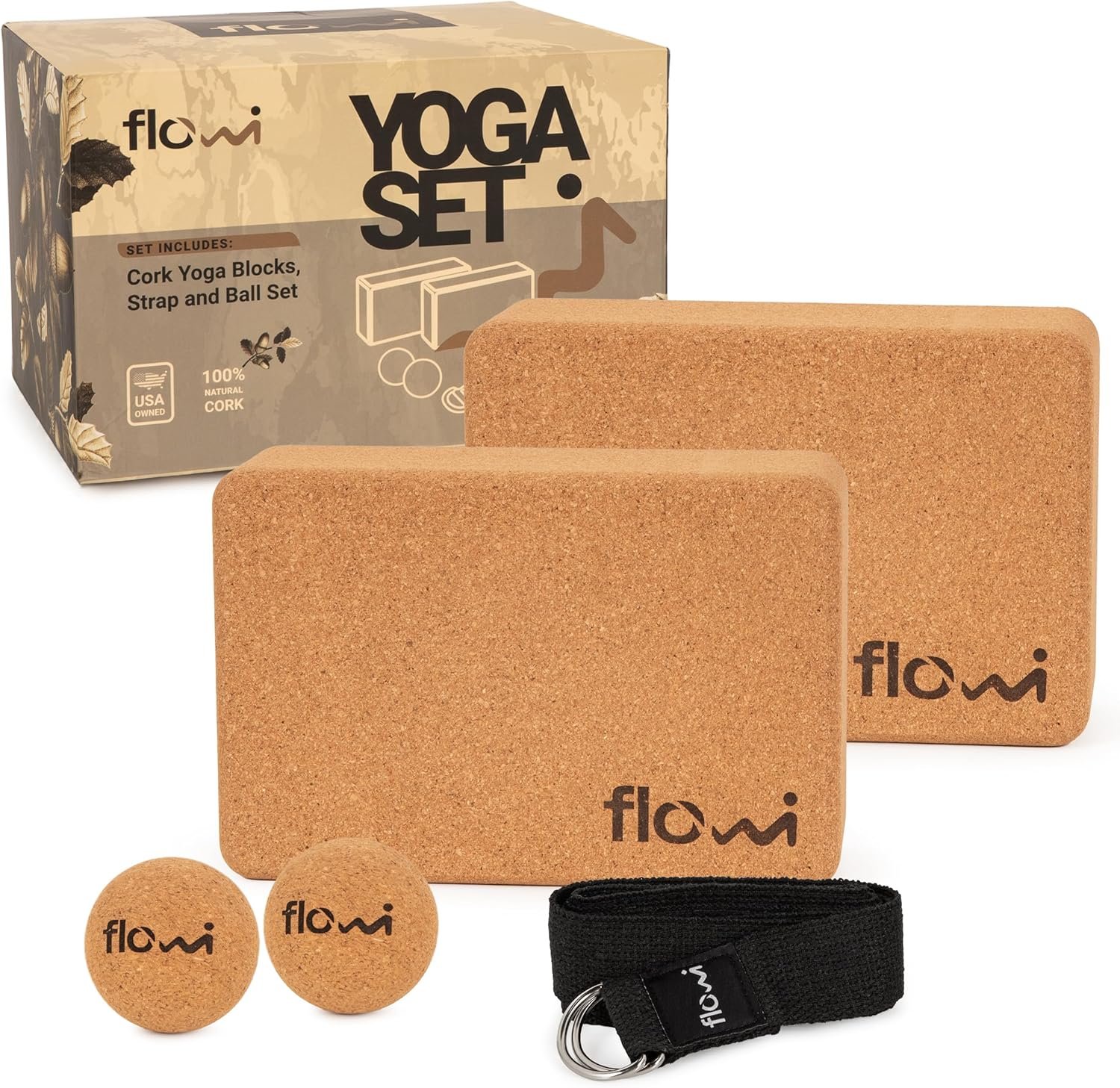Natural Cork Yoga Blocks 2 Pack with Strap & Massage Balls – Premium Yoga Accessories for Women & Men