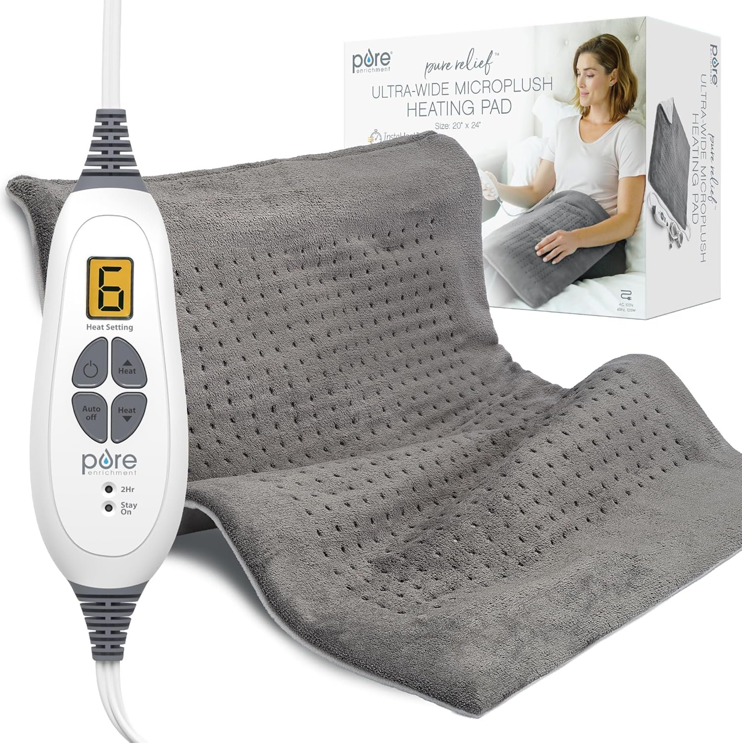 Pure Enrichment PureRelief Ultra-Wide Microplush Heating Pad – 20” x 24” XXL Size & 6 Heat Settings for Temporary Neck, Shoulder & Back Pain Relief – Moist Heat Option & Machine Washable (Gray)